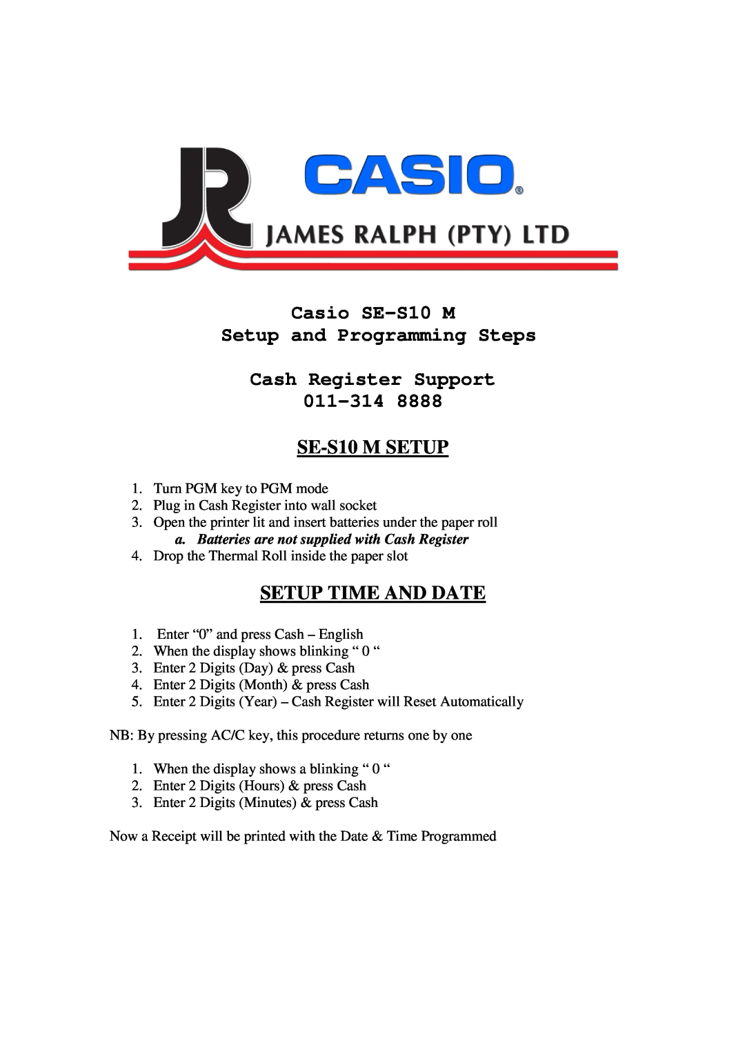 Casio manual SE-S10 M SETUP, Setup Time And Date, Casio SE-S10 M Setup and Programming Steps Cash Register Support 