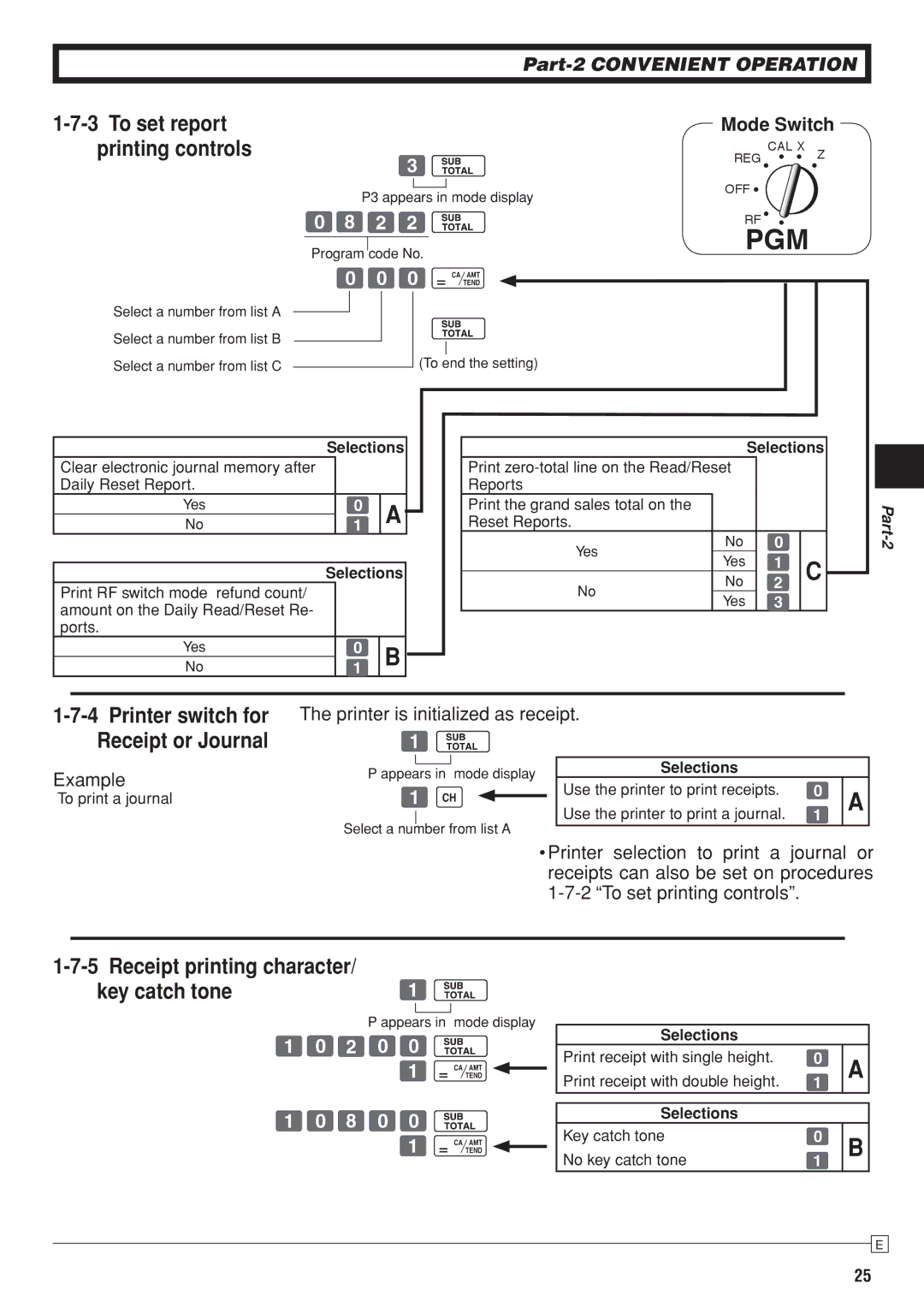 Casio SE-S10 user manual Printer switch for, Receipt or Journal, Receipt printing character Key catch tone 