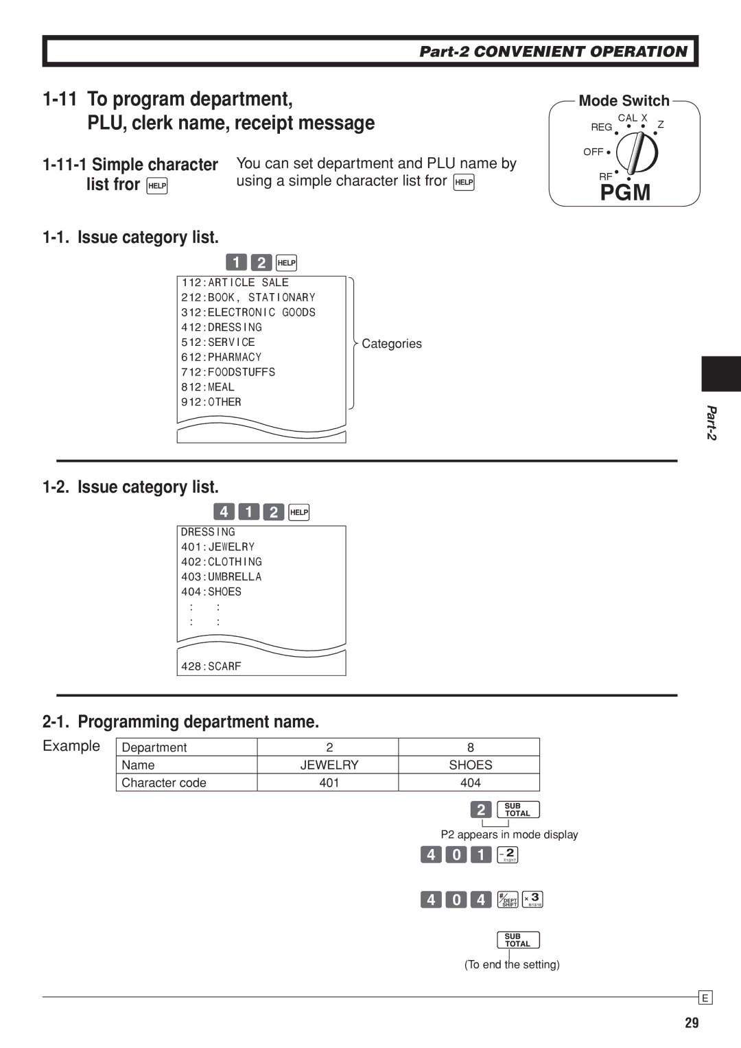 Casio SE-S10 user manual To program department PLU, clerk name, receipt message, List fror, Issue category list, Vzx 