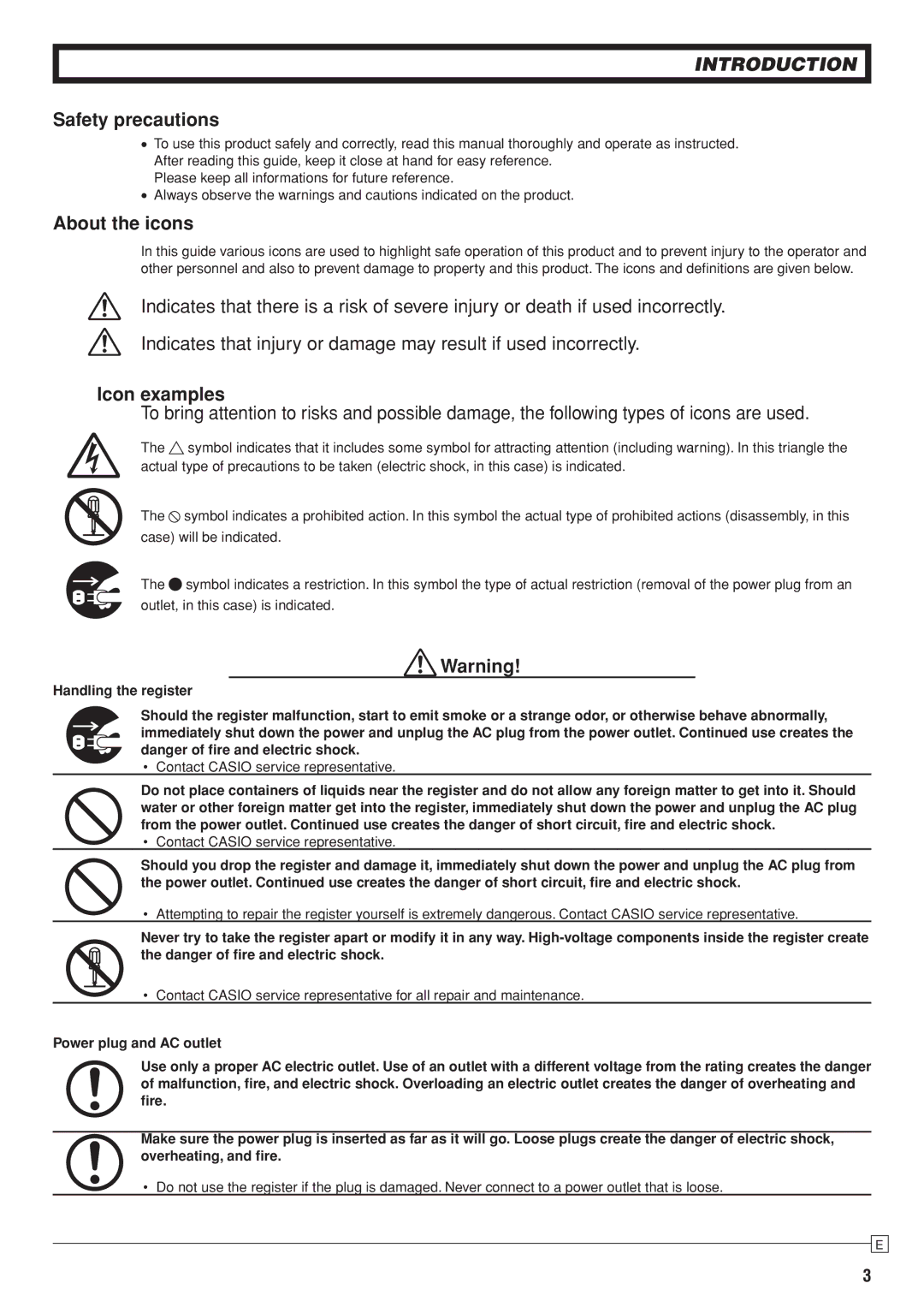 Casio SE-S10 user manual Safety precautions, About the icons, Icon examples 