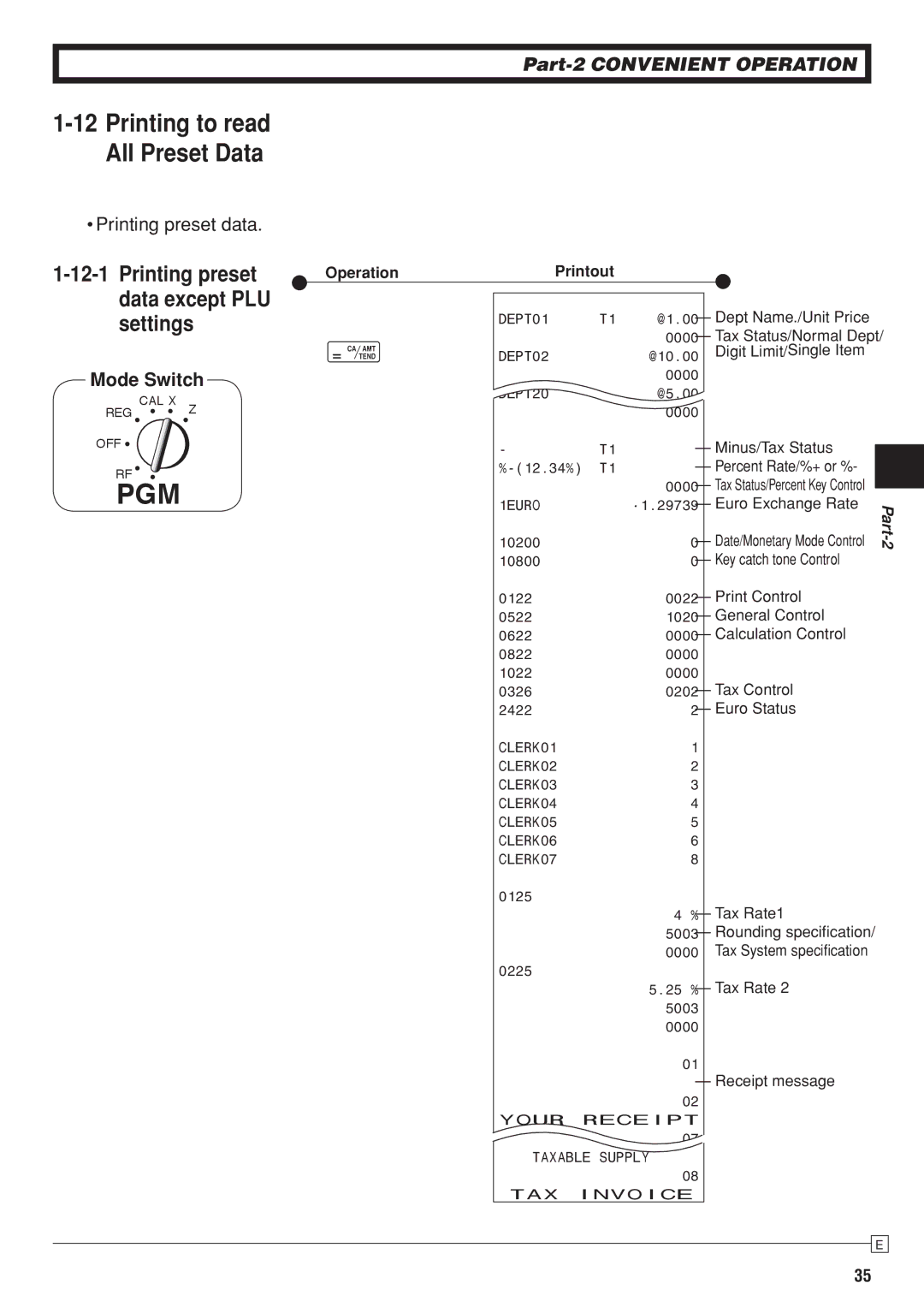 Casio SE-S10 user manual Printing to read All Preset Data, Mode Switch 