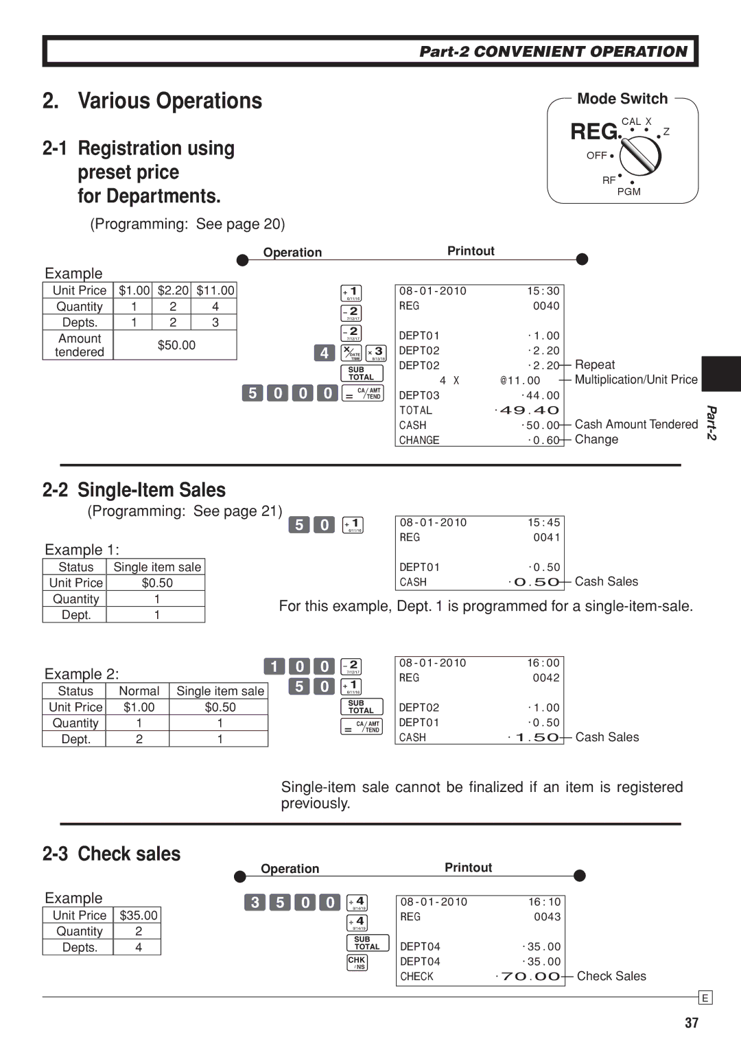 Casio SE-S10 Various Operations, Registration using, Preset price For Departments, Single-Item Sales, Check sales 