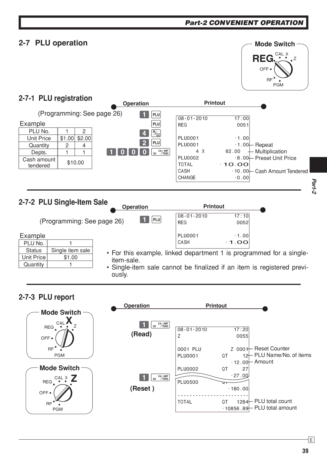 Casio SE-S10 user manual PLU operation, PLU registration, PLU Single-Item Sale, PLU report, Read Reset 