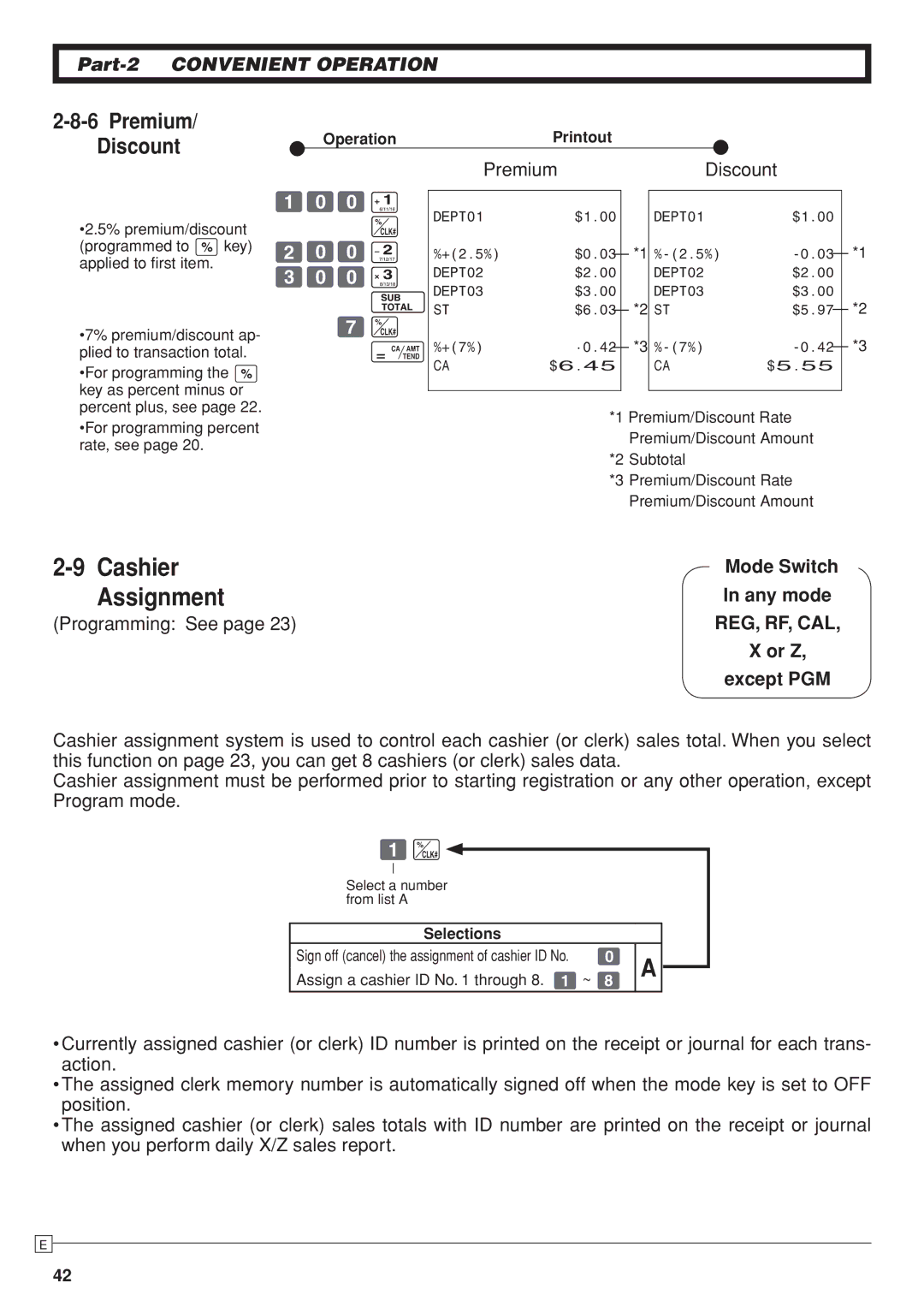 Casio SE-S10 user manual Cashier, Assignment, Premium/ Discount 