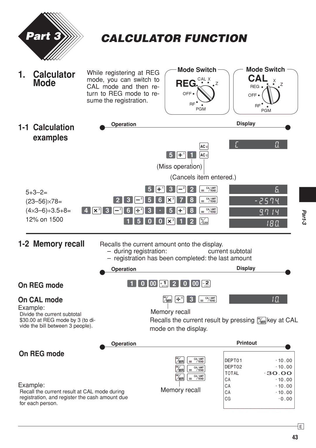 Casio SE-S10 user manual Examples, Memory recall, On REG mode On CAL mode 