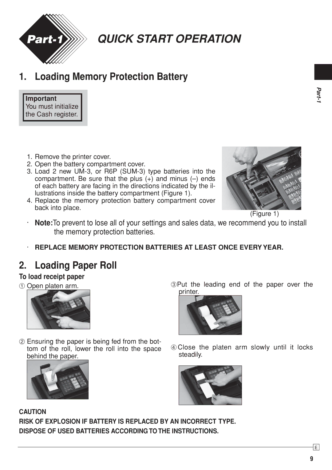 Casio SE-S10 user manual Loading Memory Protection Battery, Loading Paper Roll, To load receipt paper 