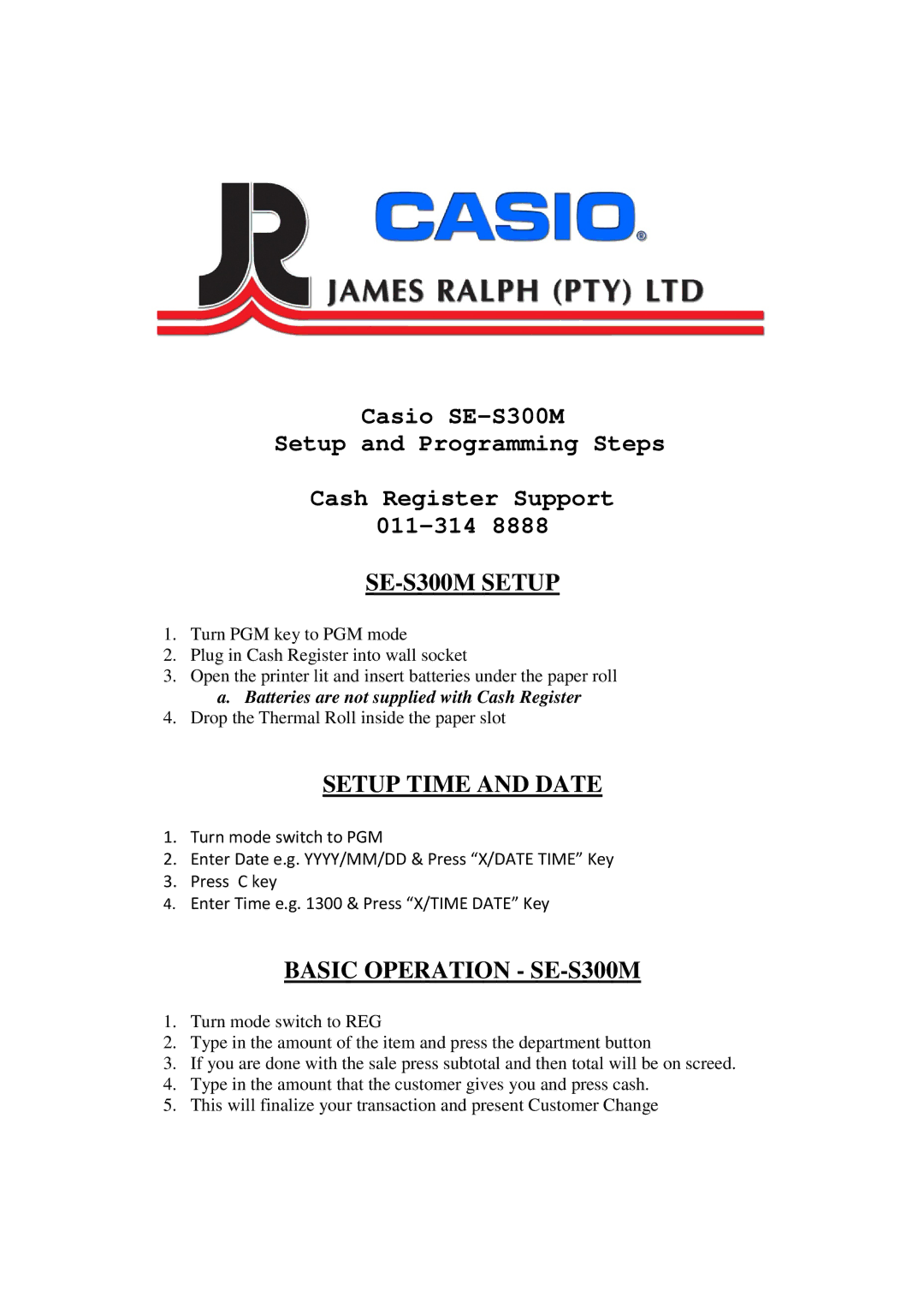 Casio manual SE-S300M Setup, Setup Time and Date, Basic Operation SE-S300M 