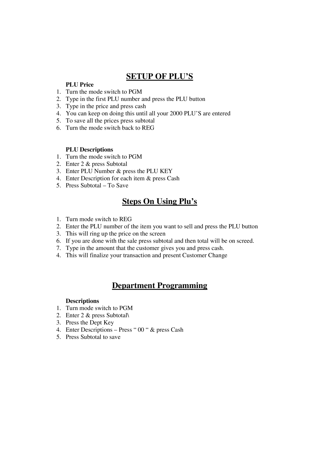 Casio SE-S300M manual Setup of PLU’S, Steps On Using Plu’s, Department Programming 