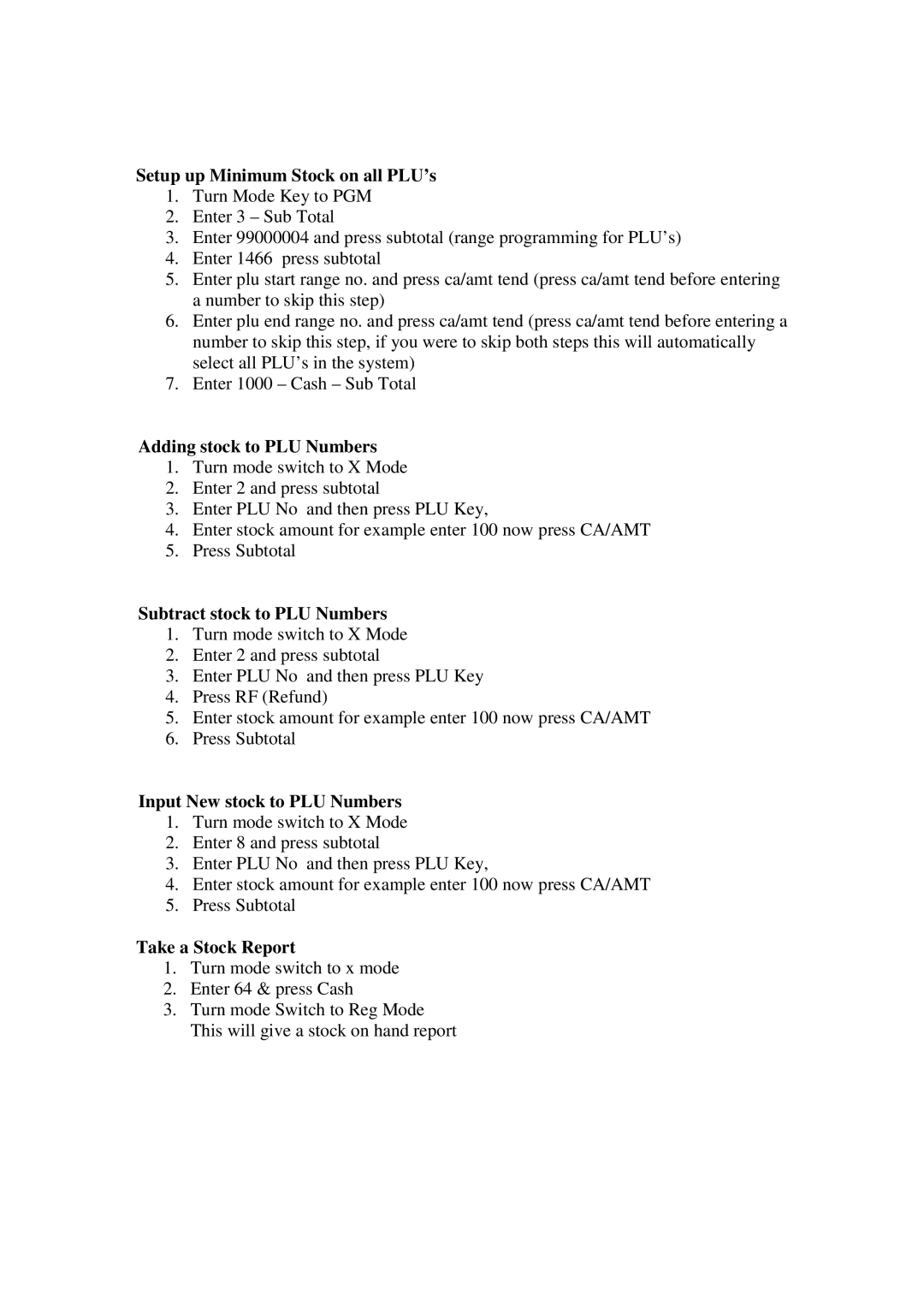 Casio SE-S300M manual Setup up Minimum Stock on all PLU’s, Adding stock to PLU Numbers, Subtract stock to PLU Numbers 