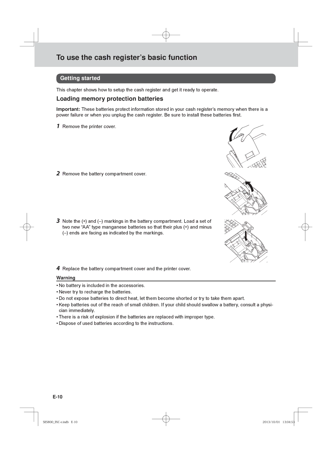 Casio SE-S800, SE-S400, PCR-T520, PCR-T500 user manual Loading memory protection batteries, Getting started 