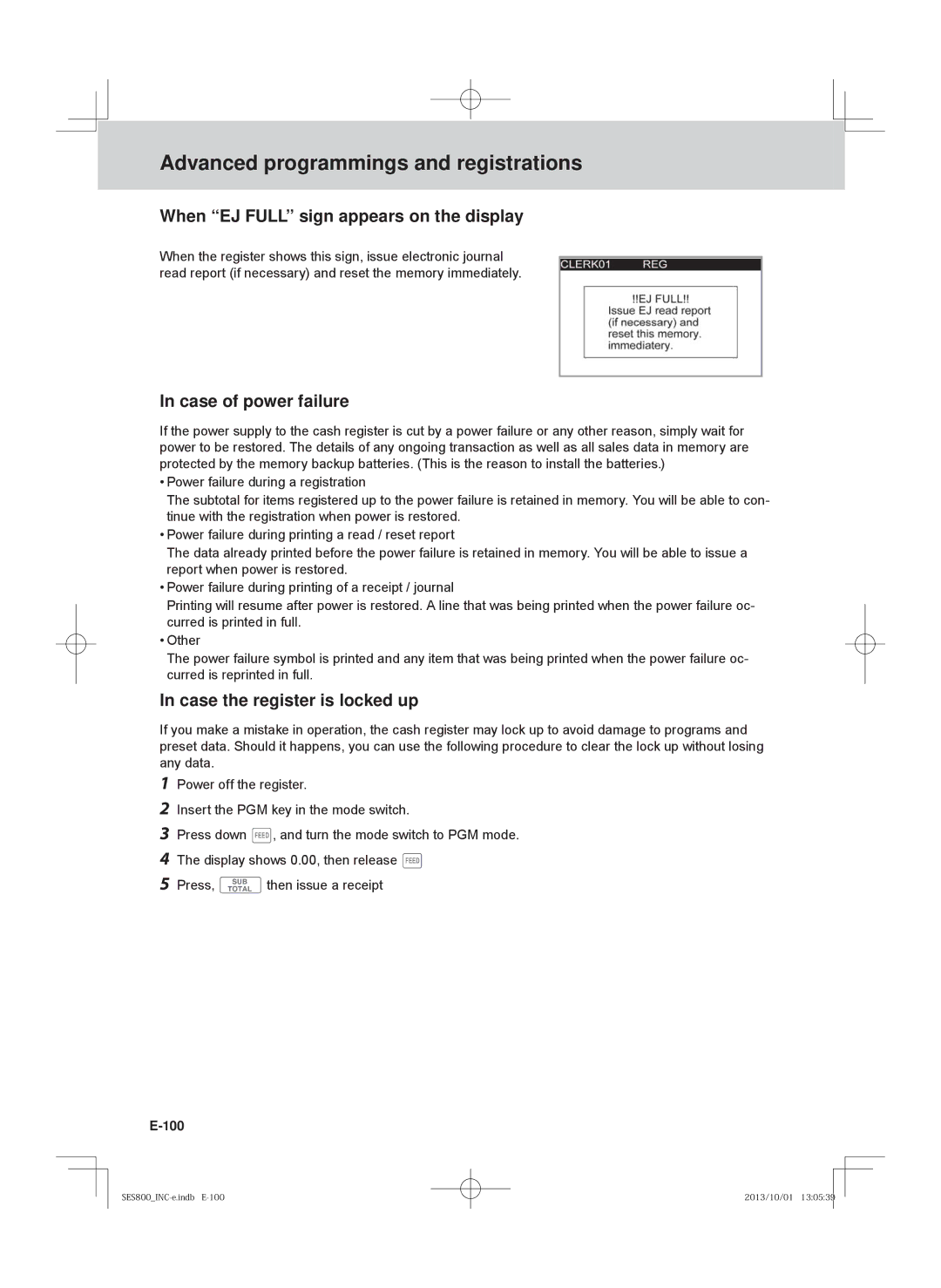 Casio SE-S400 When EJ Full sign appears on the display, Case of power failure, Case the register is locked up, 100 