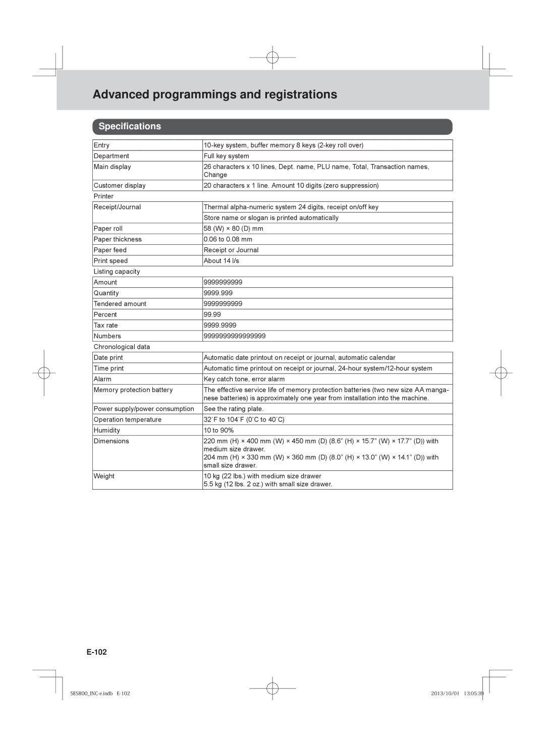 Casio SE-S800, SE-S400, PCR-T520, PCR-T500 user manual Speciﬁcations, 102 