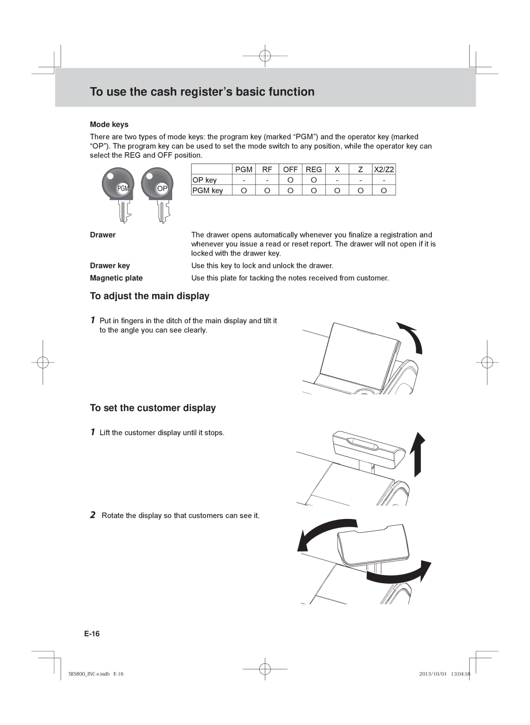 Casio SE-S400 To adjust the main display, To set the customer display, Mode keys, Drawer, Locked with the drawer key 
