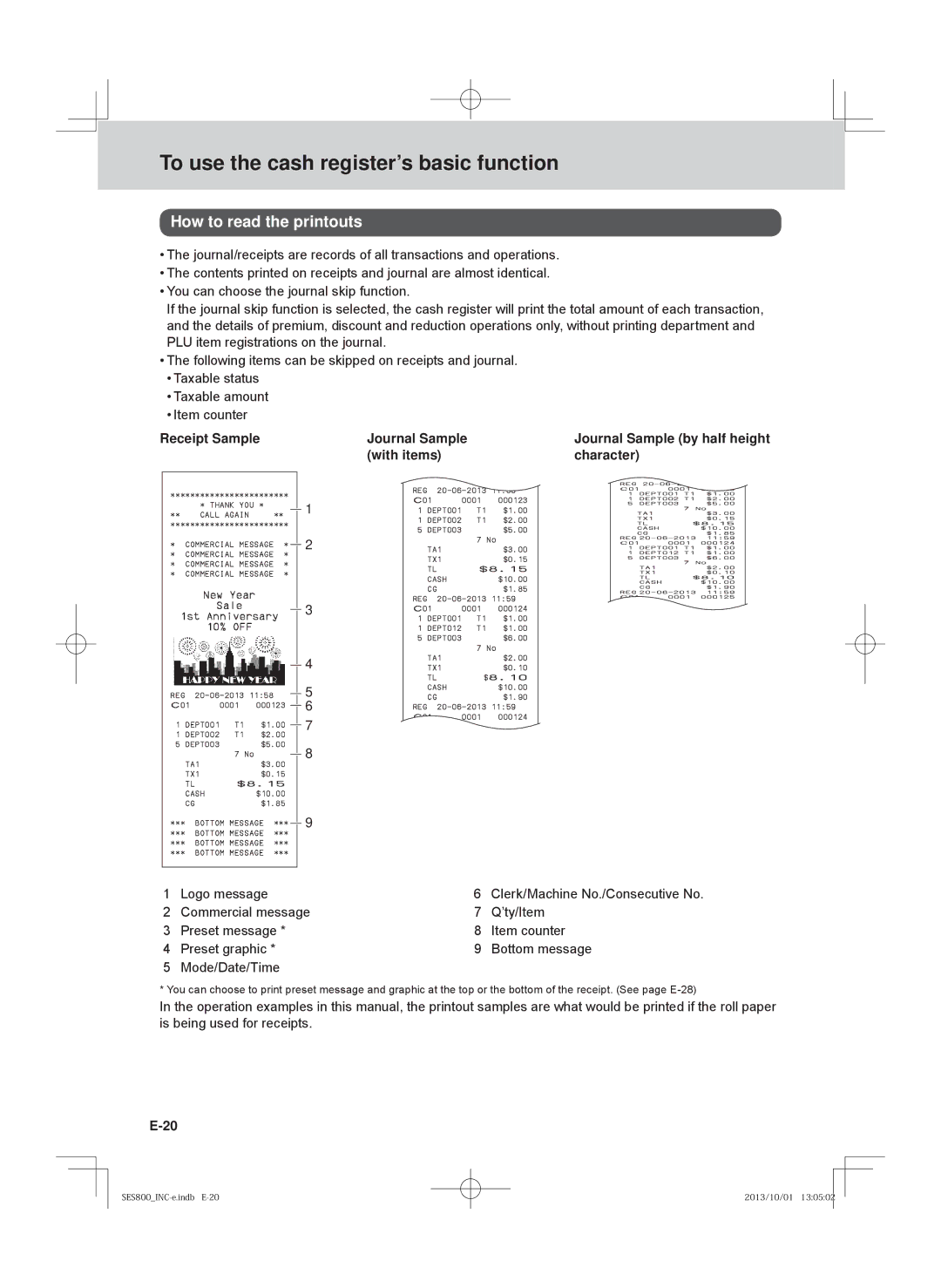 Casio SE-S400, PCR-T520, SE-S800, PCR-T500 How to read the printouts, Receipt Sample Journal Sample, With items Character 