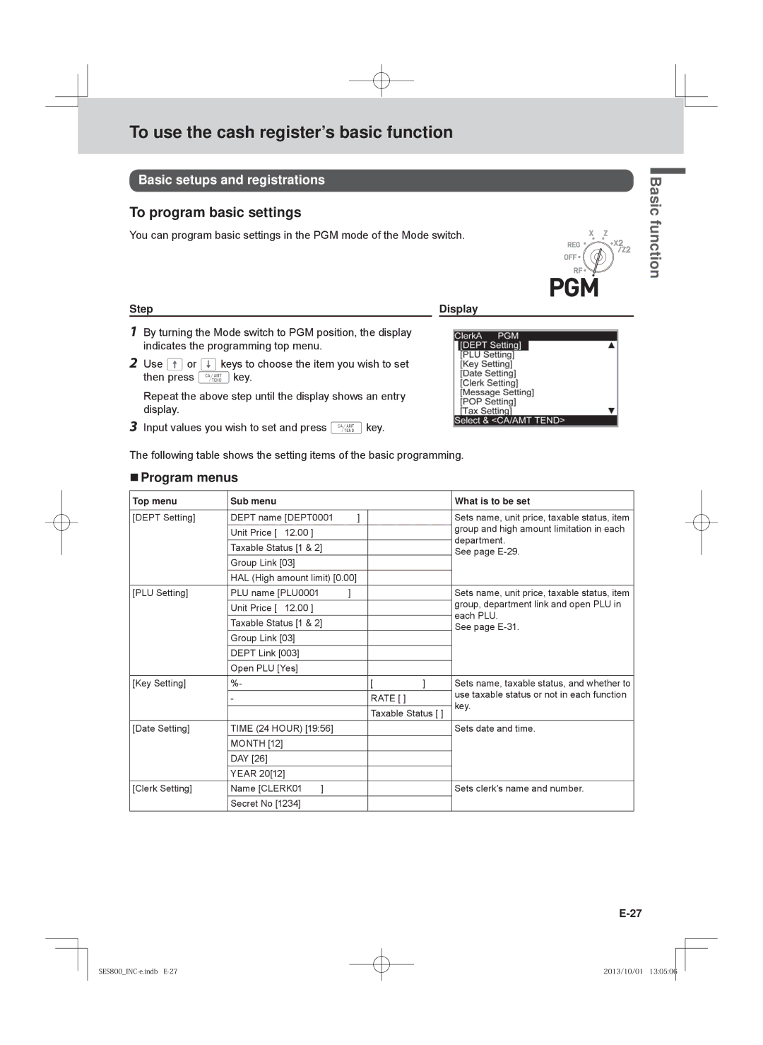 Casio PCR-T500, SE-S400, PCR-T520 To program basic settings, Basic setups and registrations,  Program menus, Step Display 