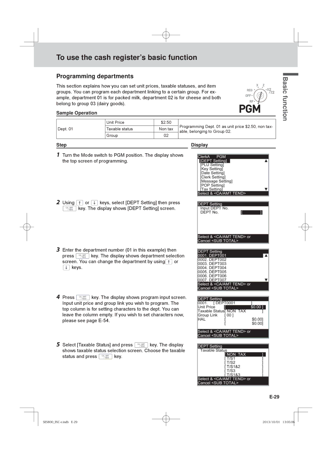 Casio PCR-T520, SE-S400, SE-S800, PCR-T500 user manual Programming departments, Sample Operation 