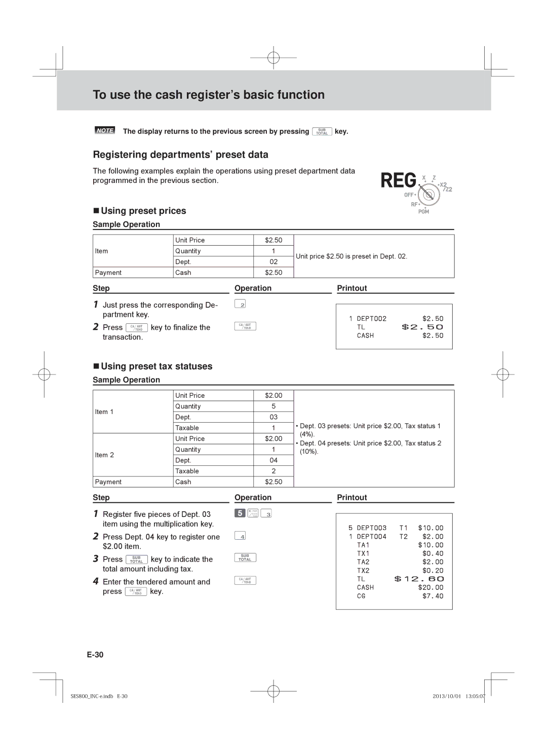 Casio SE-S800, SE-S400, PCR-T520 Registering departments’ preset data,  Using preset prices,  Using preset tax statuses 