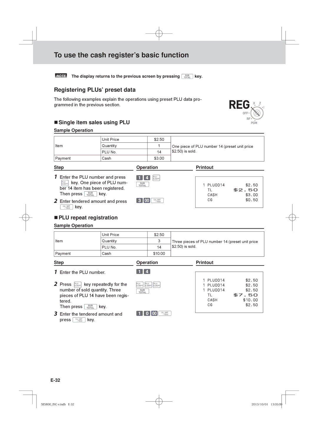 Casio SE-S400, PCR-T520, SE-S800 Registering PLUs’ preset data,  Single item sales using PLU,  PLU repeat registration 