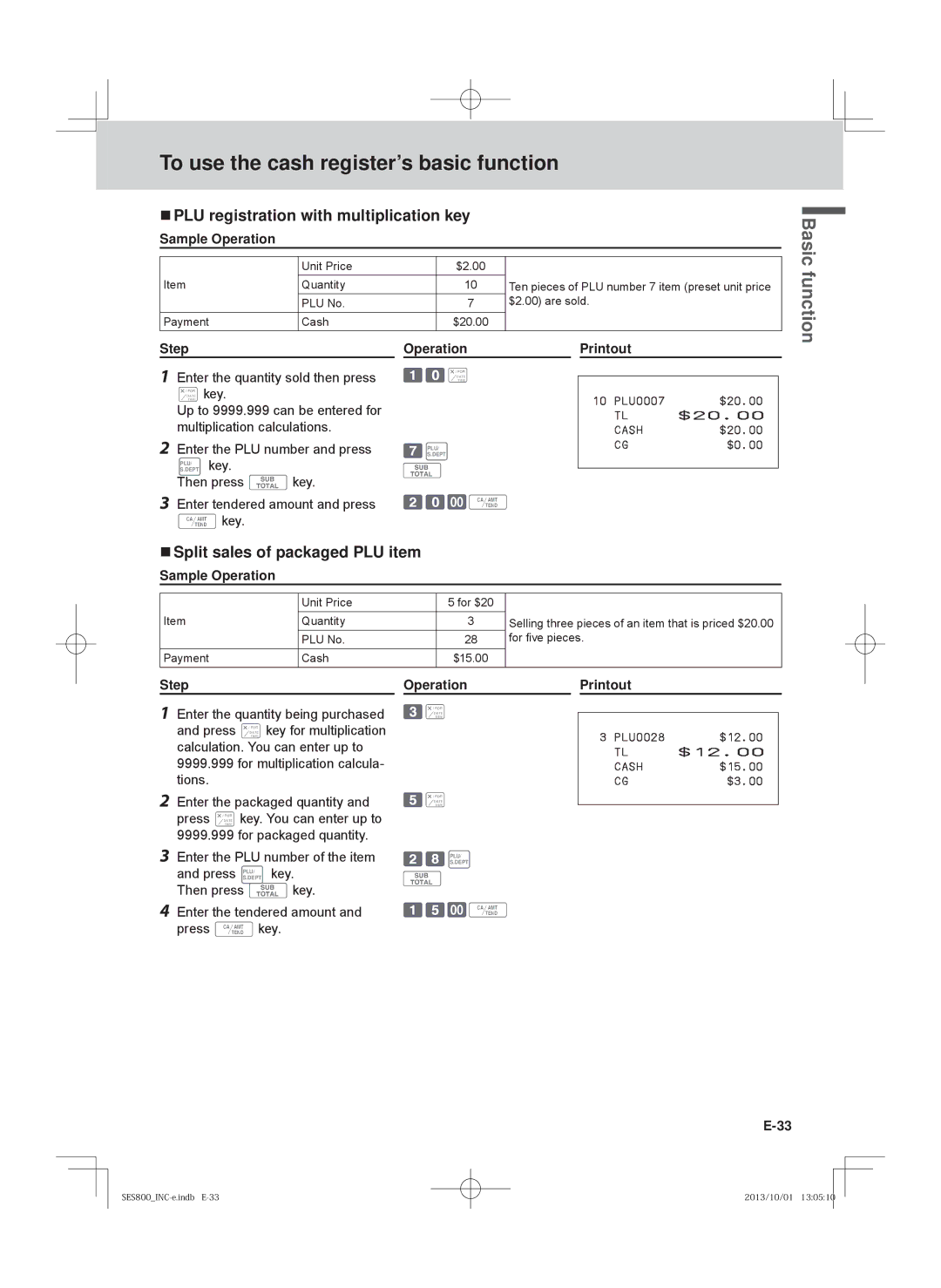 Casio PCR-T520, SE-S400, SE-S800, PCR-T500  PLU registration with multiplication key,  Split sales of packaged PLU item 