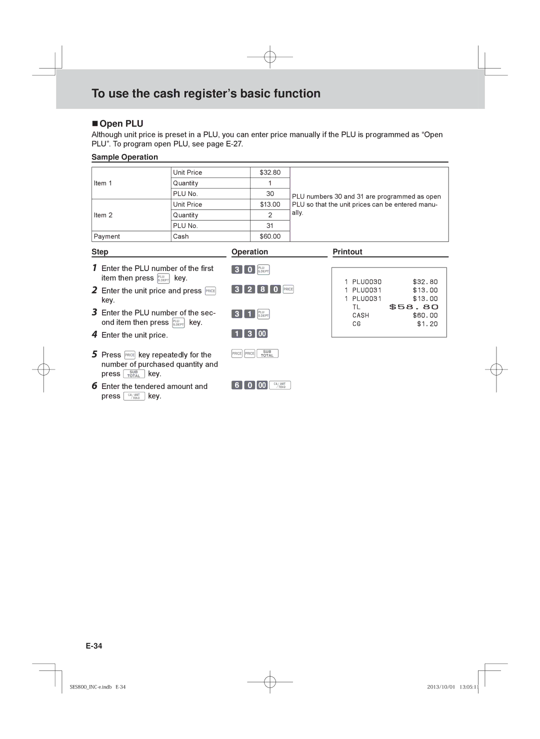 Casio SE-S800, SE-S400, PCR-T520, PCR-T500 user manual  Open PLU 