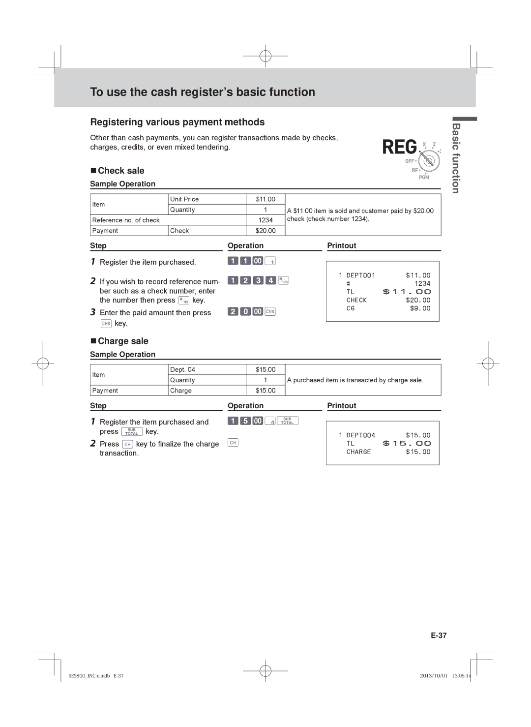 Casio PCR-T520 Registering various payment methods, Check sale, Charge sale, Step Operation Register the item purchased 