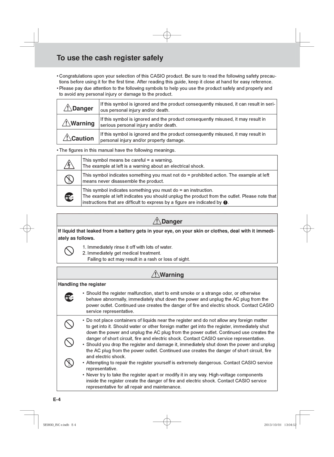 Casio SE-S400, PCR-T520, SE-S800, PCR-T500 user manual To use the cash register safely, Handling the register 