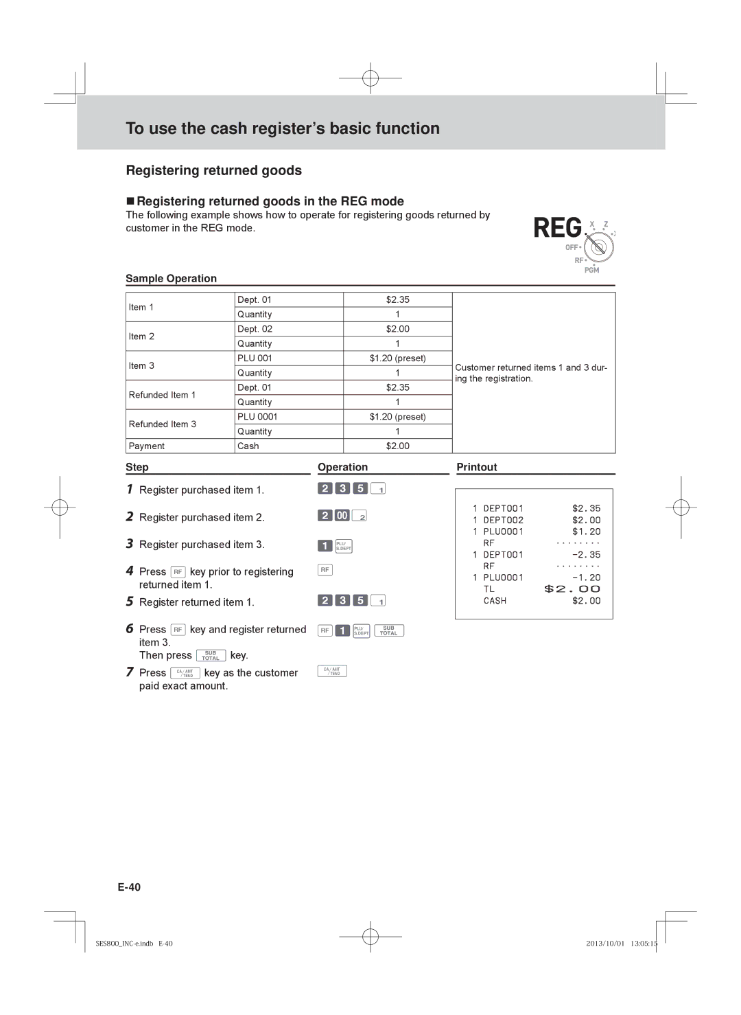 Casio SE-S400, PCR-T520, SE-S800, PCR-T500 user manual  Registering returned goods in the REG mode 