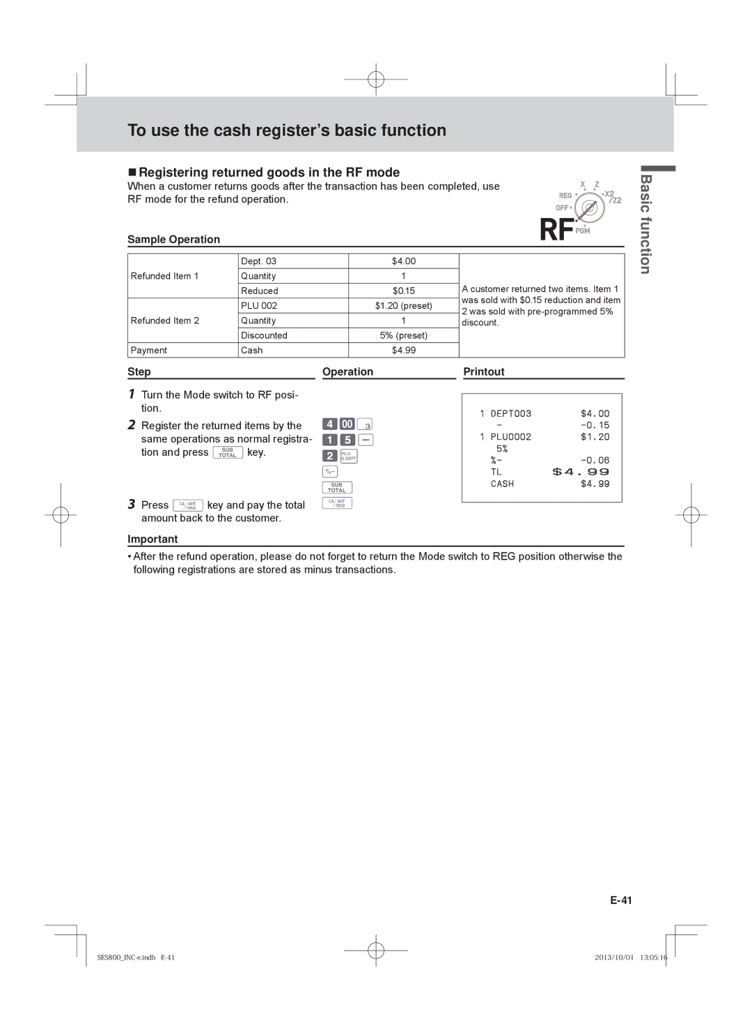 Casio PCR-T520, SE-S400, SE-S800, PCR-T500 user manual  Registering returned goods in the RF mode 