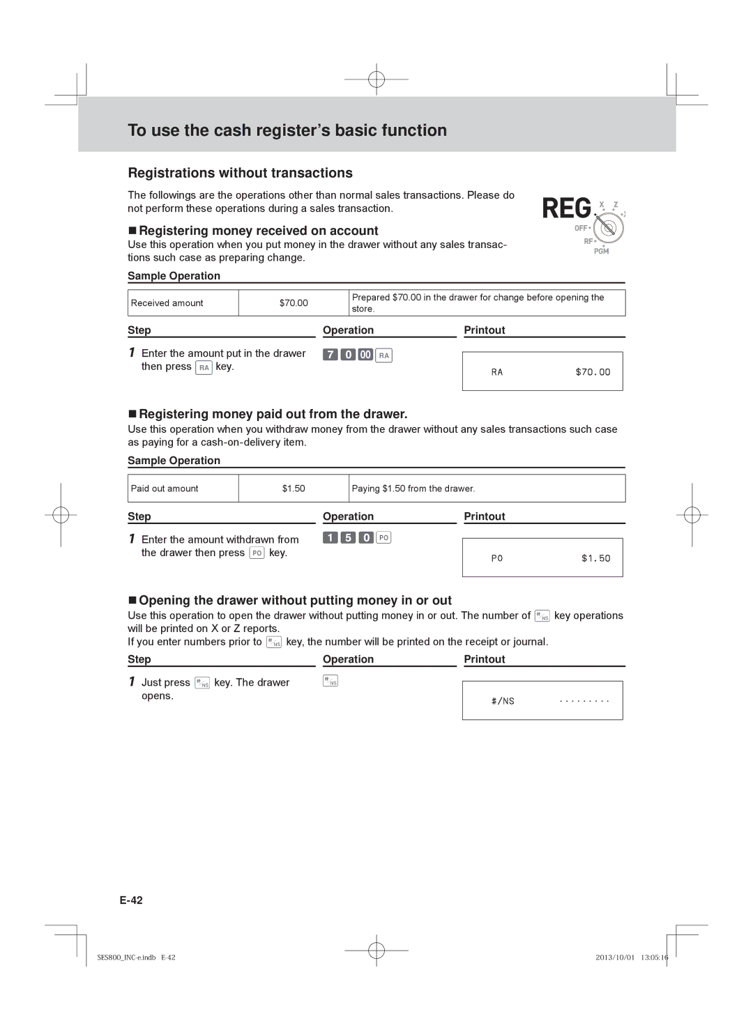 Casio SE-S800, SE-S400, PCR-T520, PCR-T500 Registrations without transactions,  Registering money received on account 