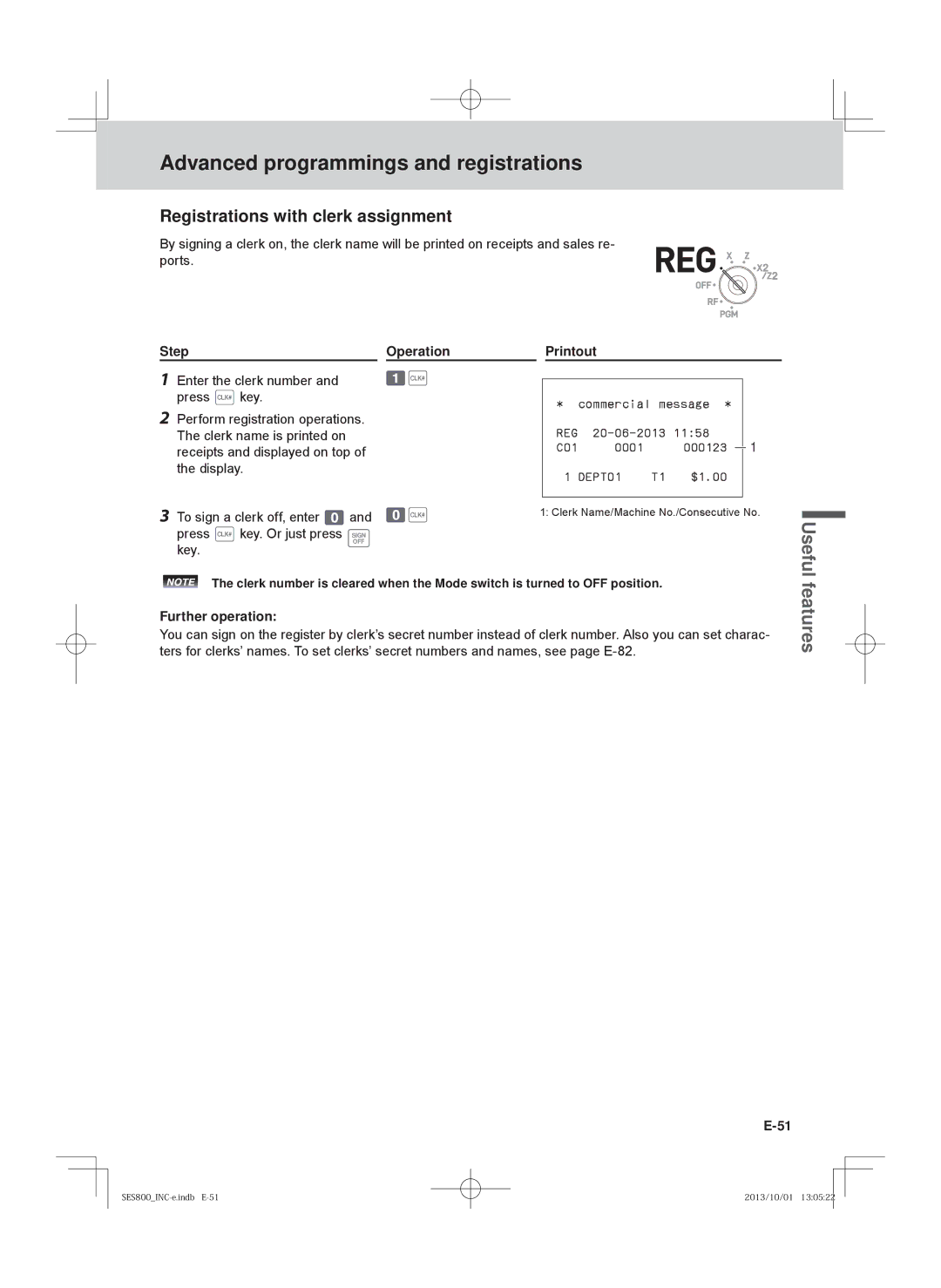 Casio PCR-T500, SE-S400, PCR-T520, SE-S800 user manual Registrations with clerk assignment, Further operation 