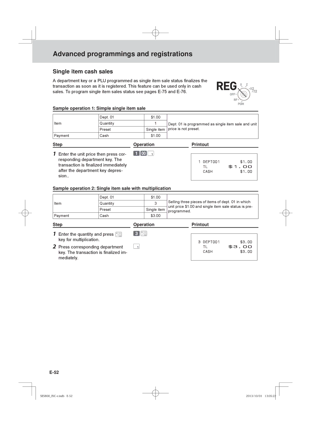 Casio SE-S400, PCR-T520, SE-S800, PCR-T500 user manual Single item cash sales, Sample operation 1 Simple single item sale 