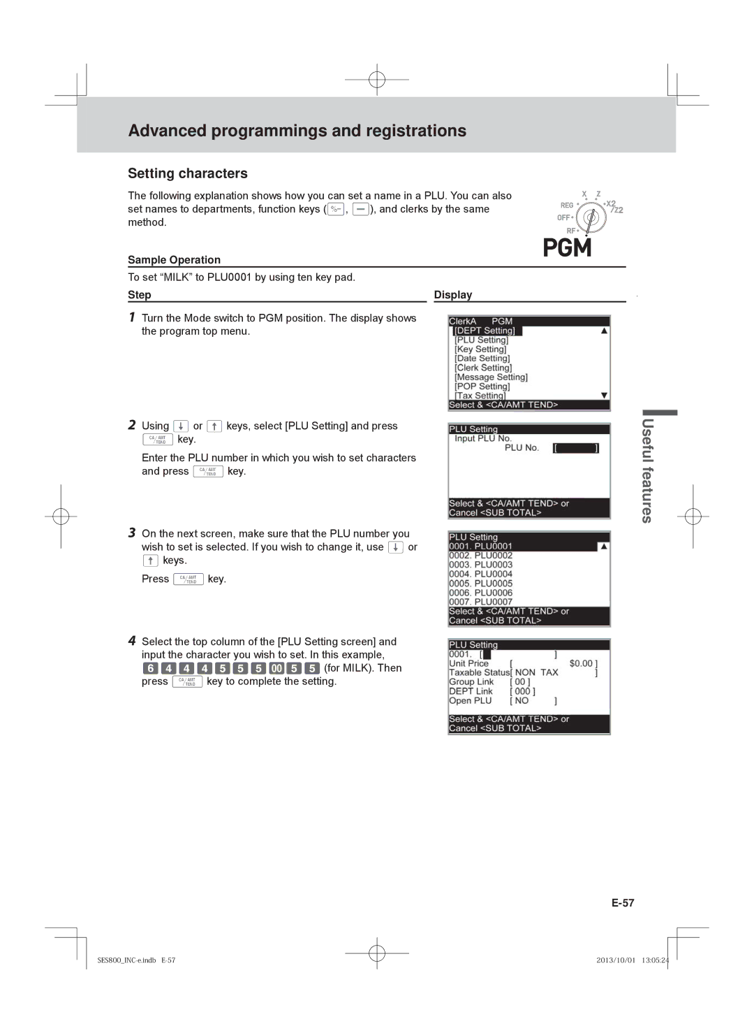 Casio PCR-T520, SE-S400, SE-S800, PCR-T500 user manual Setting characters, Sample Operation 