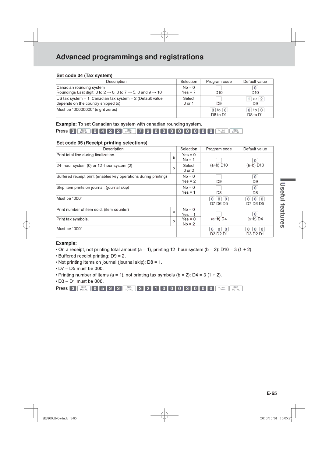 Casio PCR-T520, SE-S400, SE-S800, PCR-T500 Set code 04 Tax system, Set code 05 Receipt printing selections, Example 