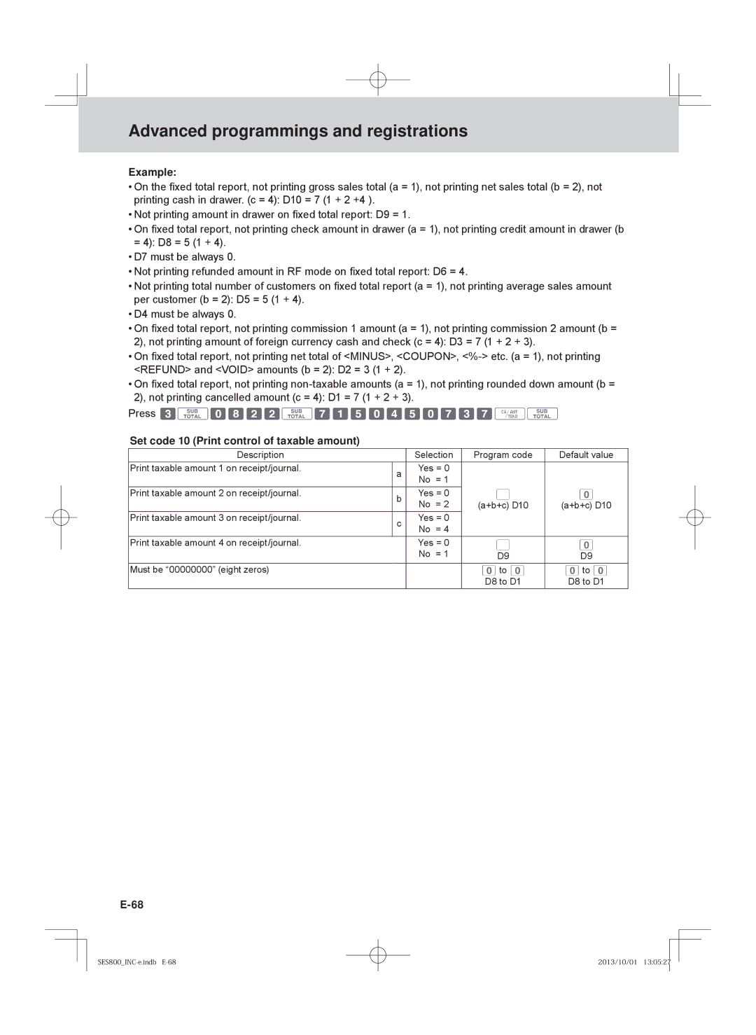 Casio SE-S400, PCR-T520, SE-S800, PCR-T500 user manual Set code 10 Print control of taxable amount 