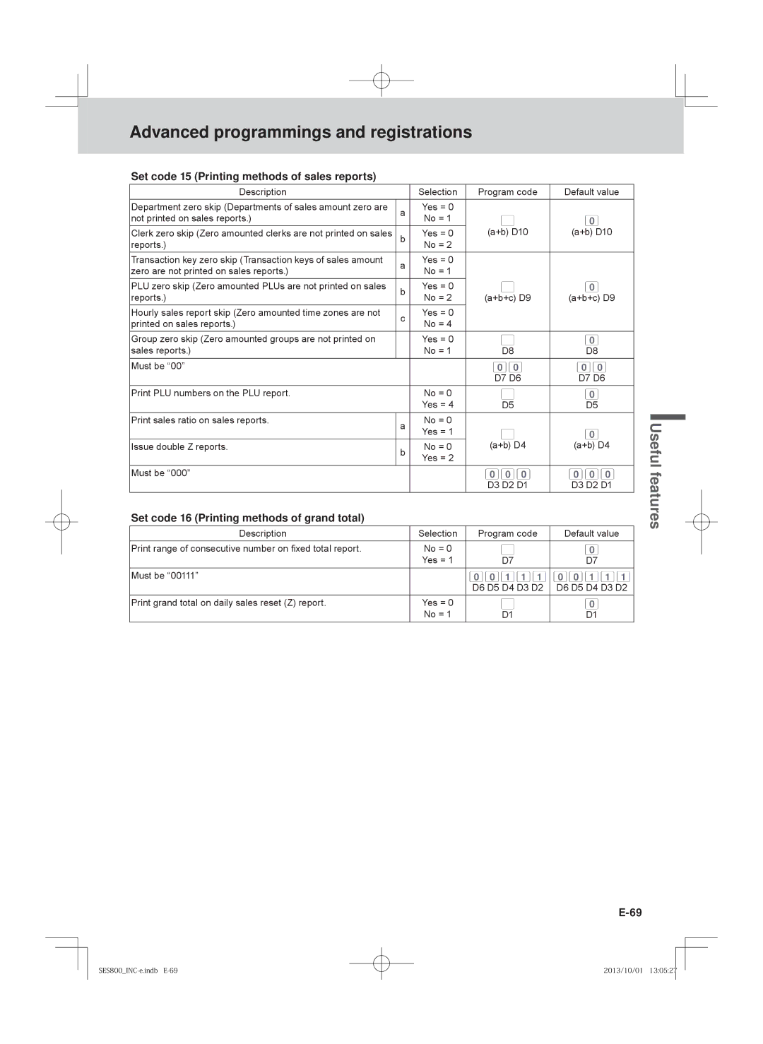 Casio PCR-T520, SE-S400, SE-S800 Set code 15 Printing methods of sales reports, Set code 16 Printing methods of grand total 