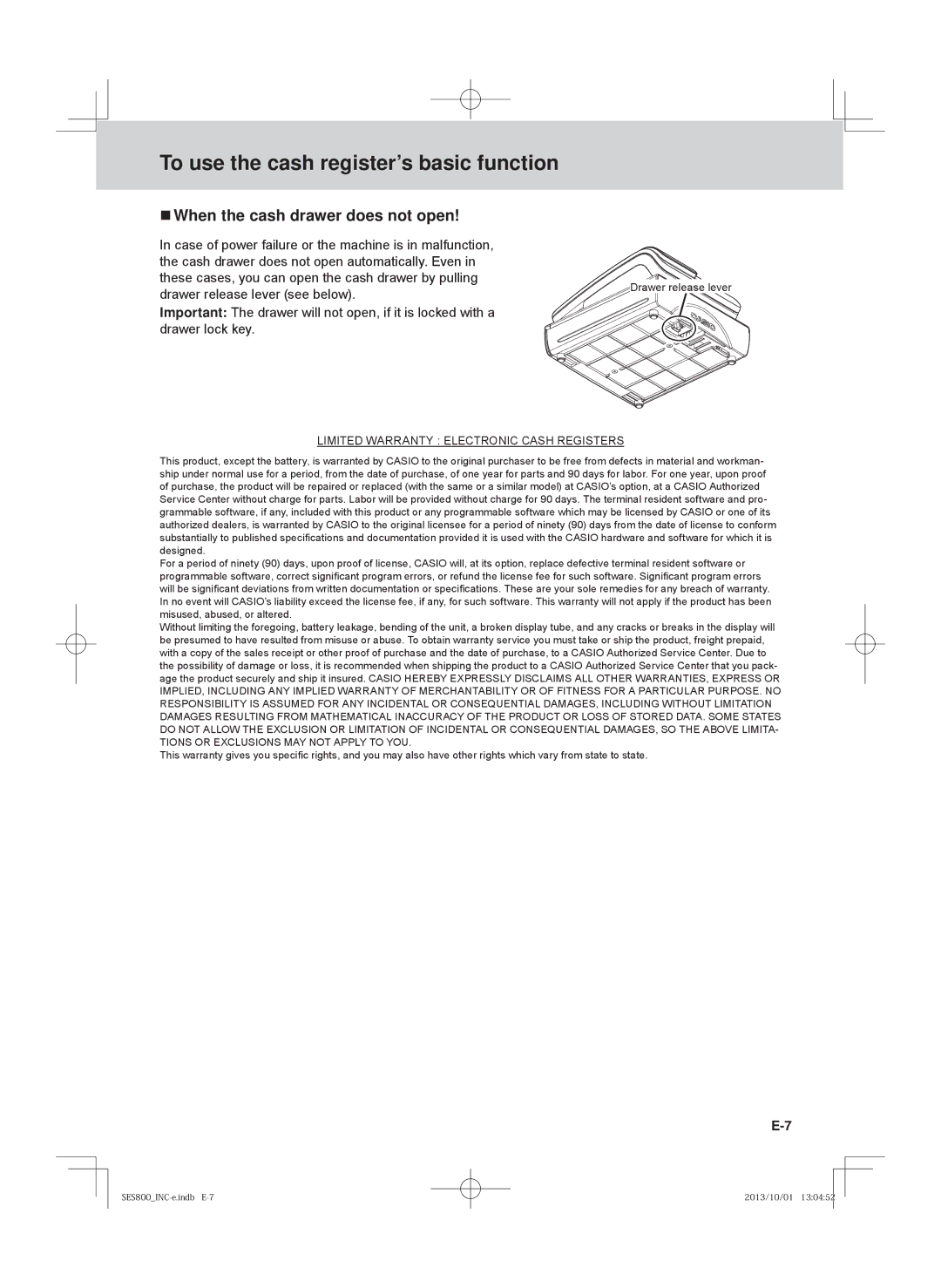 Casio PCR-T500, SE-S400, PCR-T520, SE-S800  When the cash drawer does not open, Limited Warranty Electronic Cash Registers 