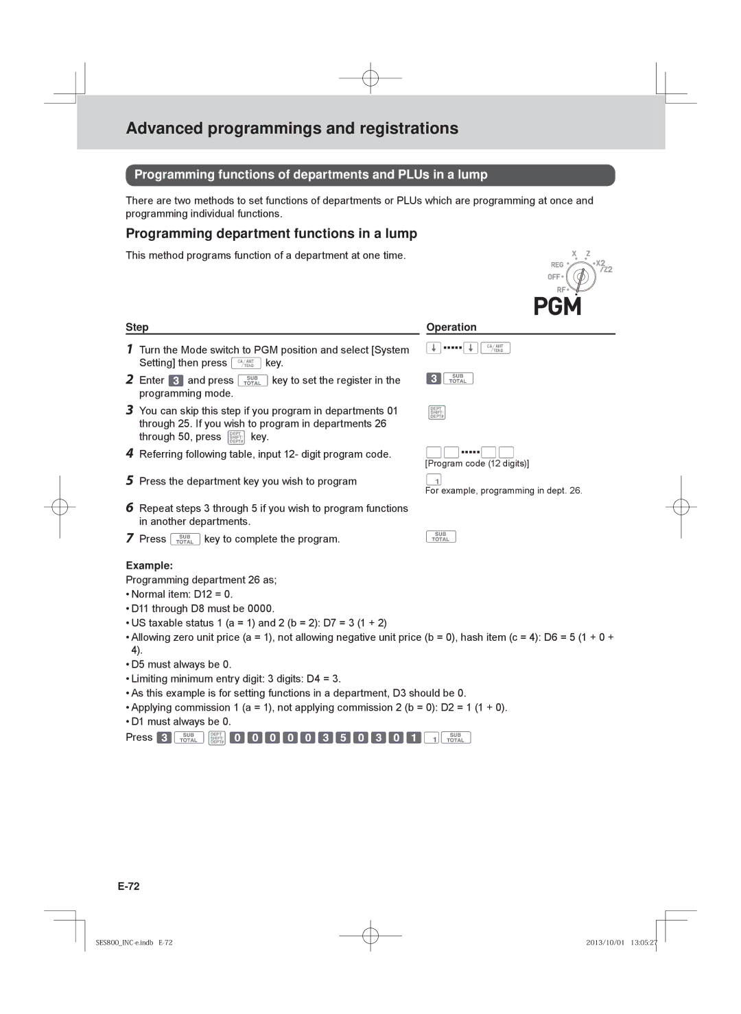 Casio SE-S400, SE-S800 Programming department functions in a lump, Programming functions of departments and PLUs in a lump 