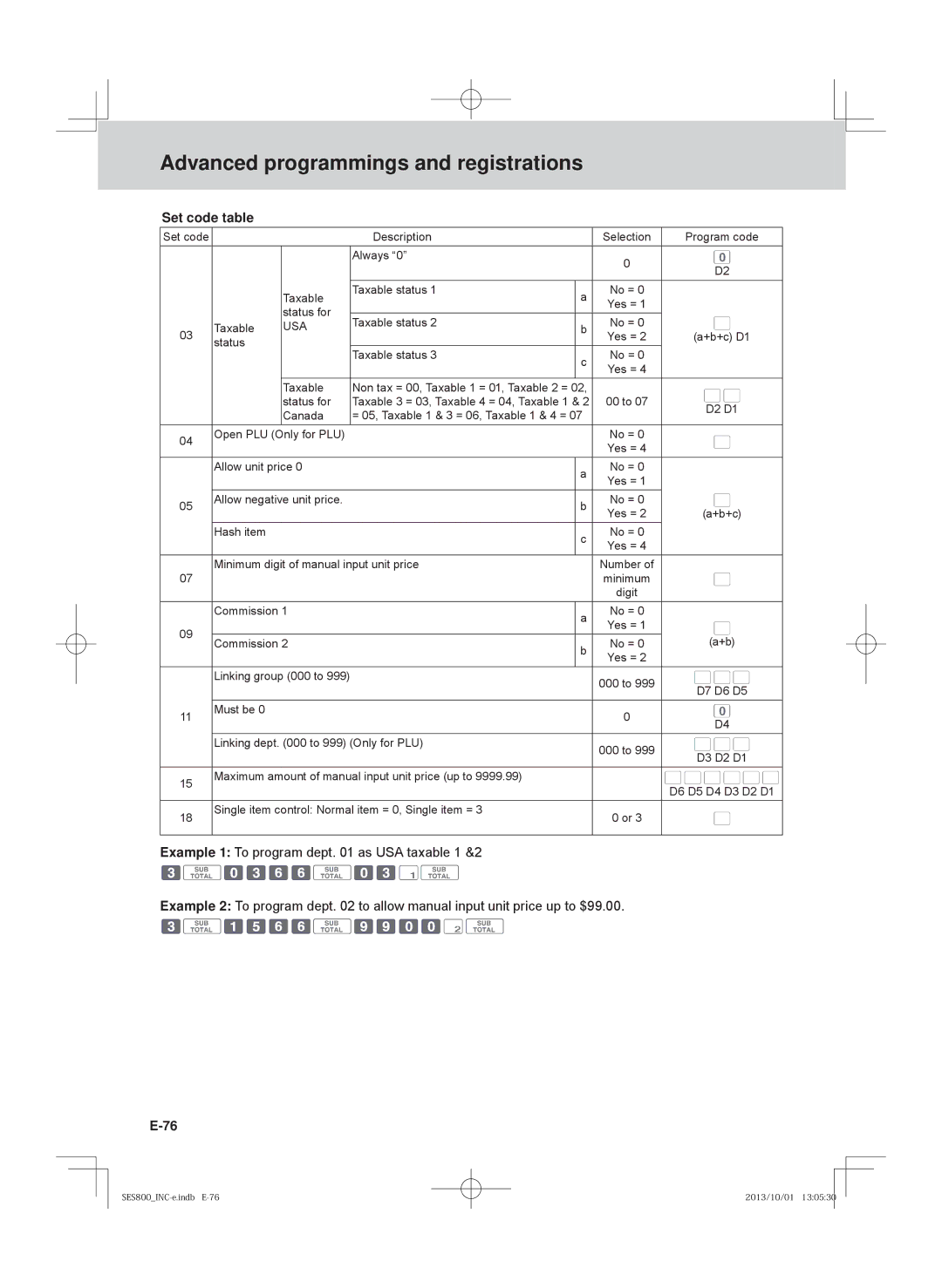 Casio SE-S400, PCR-T520, SE-S800, PCR-T500 user manual Set code table 