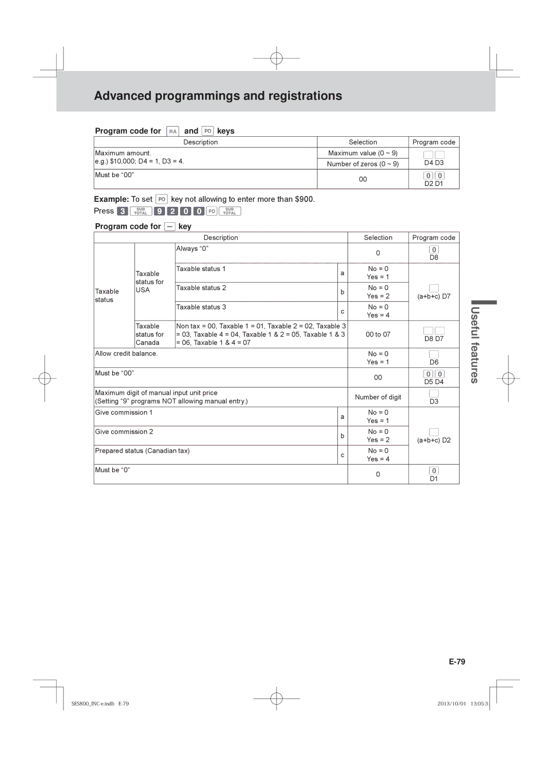 Casio PCR-T500, SE-S400, PCR-T520, SE-S800 user manual Program code for RA and keys, Program code for mkey 