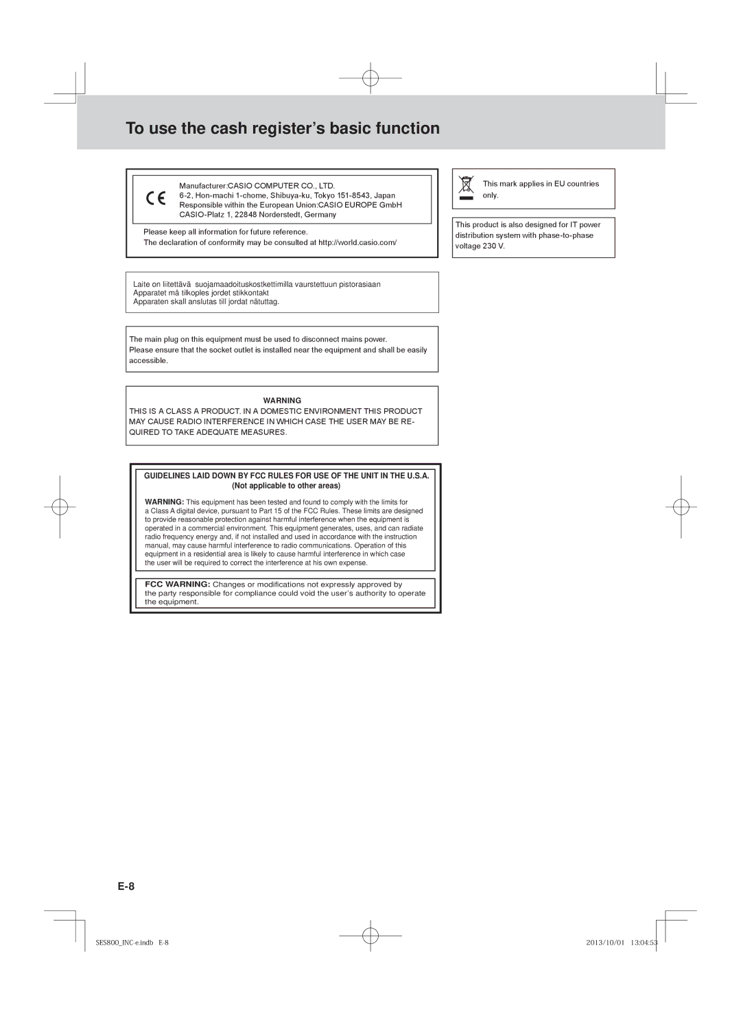 Casio SE-S400, PCR-T520, SE-S800, PCR-T500 user manual Not applicable to other areas 