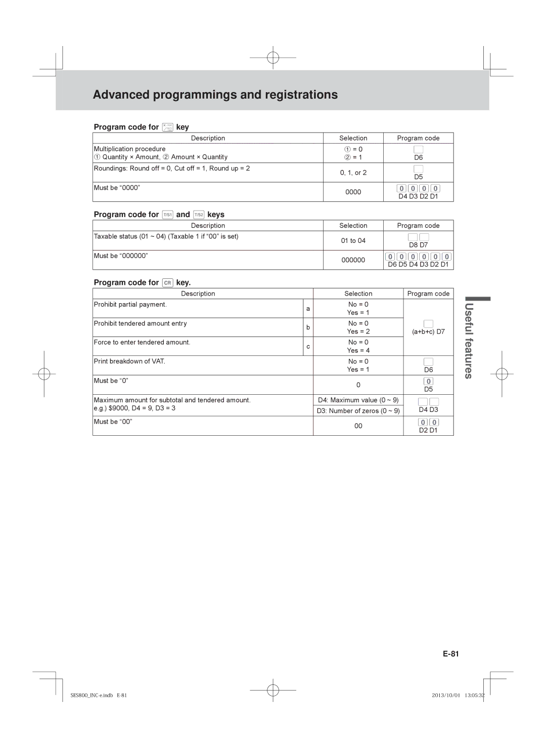 Casio PCR-T520, SE-S400, SE-S800, PCR-T500 Program code for xkey, Program code for tand Tkeys, Program code for ckey 