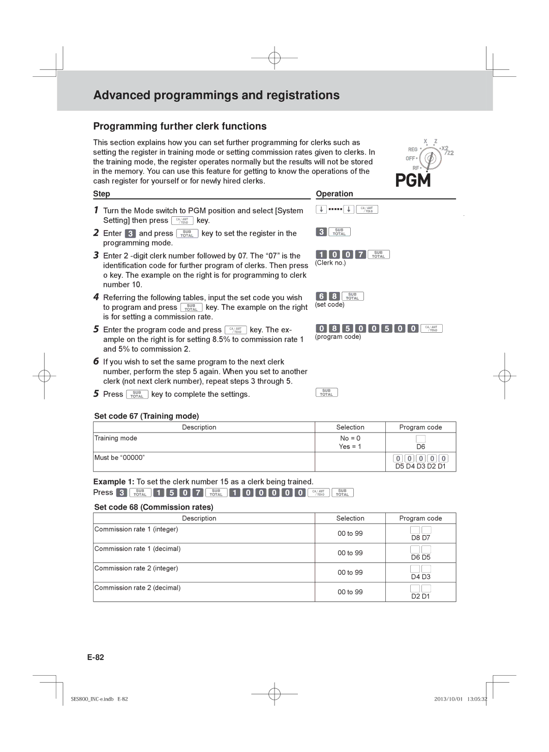 Casio SE-S800, SE-S400 Programming further clerk functions, Set code 67 Training mode, Set code 68 Commission rates 