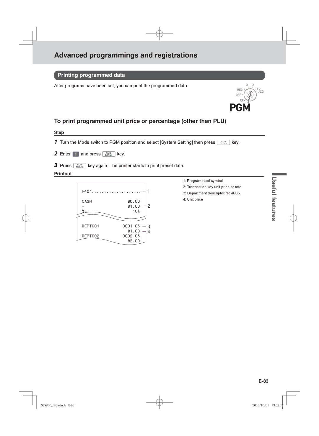 Casio PCR-T500, SE-S400, PCR-T520 To print programmed unit price or percentage other than PLU, Printing programmed data 