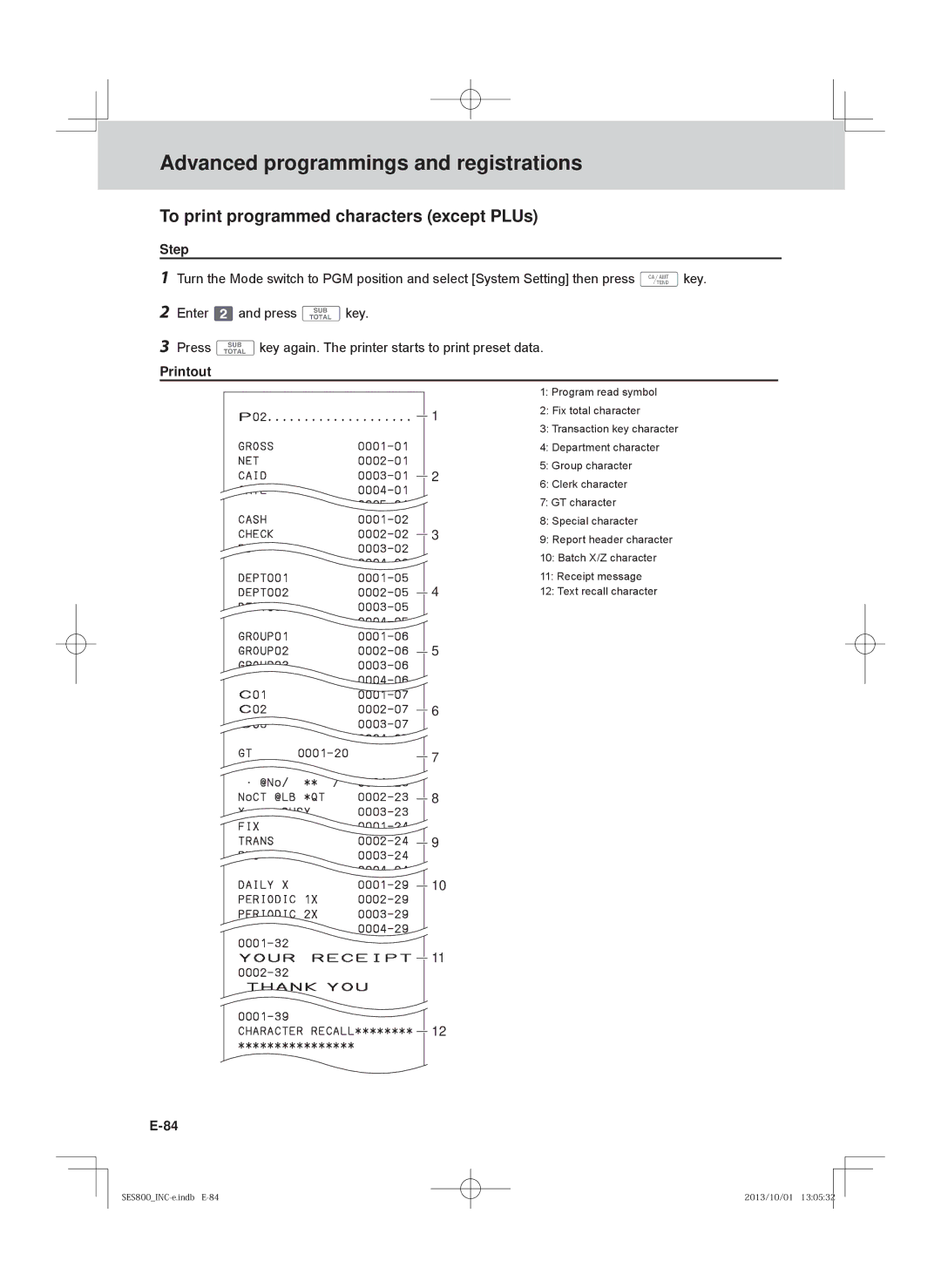 Casio SE-S400, PCR-T520, SE-S800, PCR-T500 user manual To print programmed characters except PLUs, 5266 