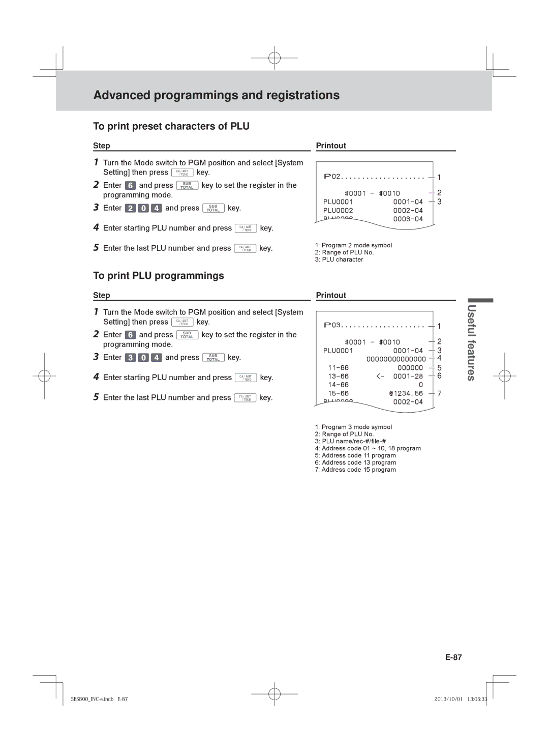 Casio PCR-T500, SE-S400, PCR-T520, SE-S800 user manual To print preset characters of PLU, To print PLU programmings 