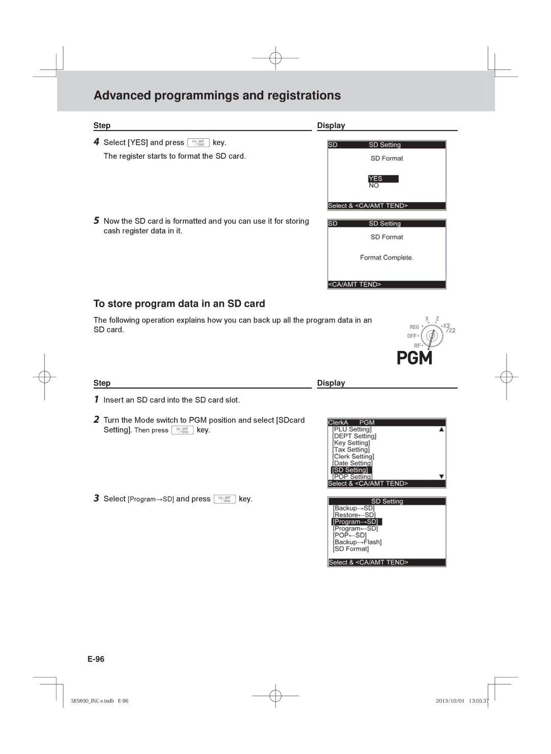 Casio SE-S400, PCR-T520, SE-S800, PCR-T500 user manual To store program data in an SD card 