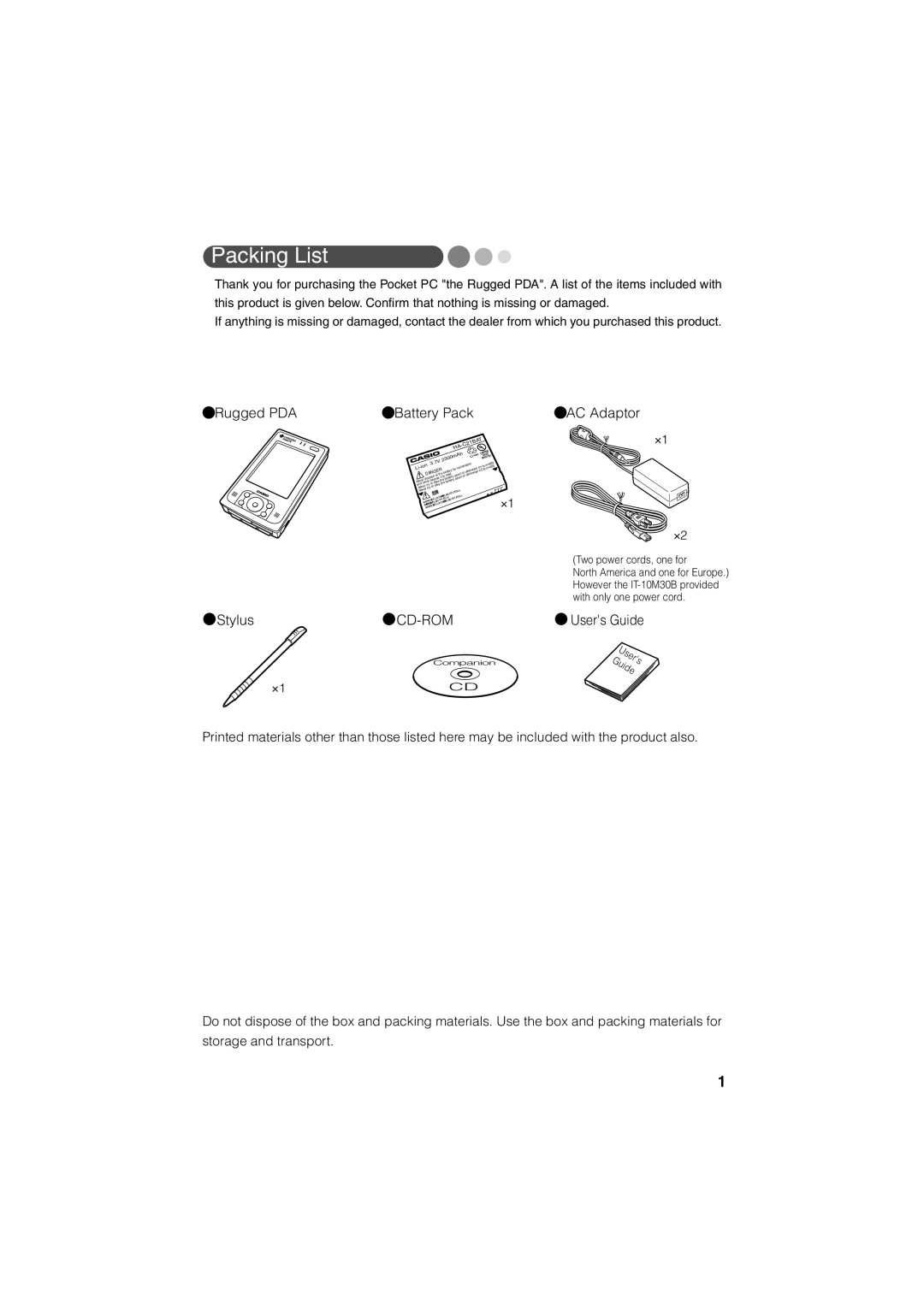 Casio Stylus manual Packing List 