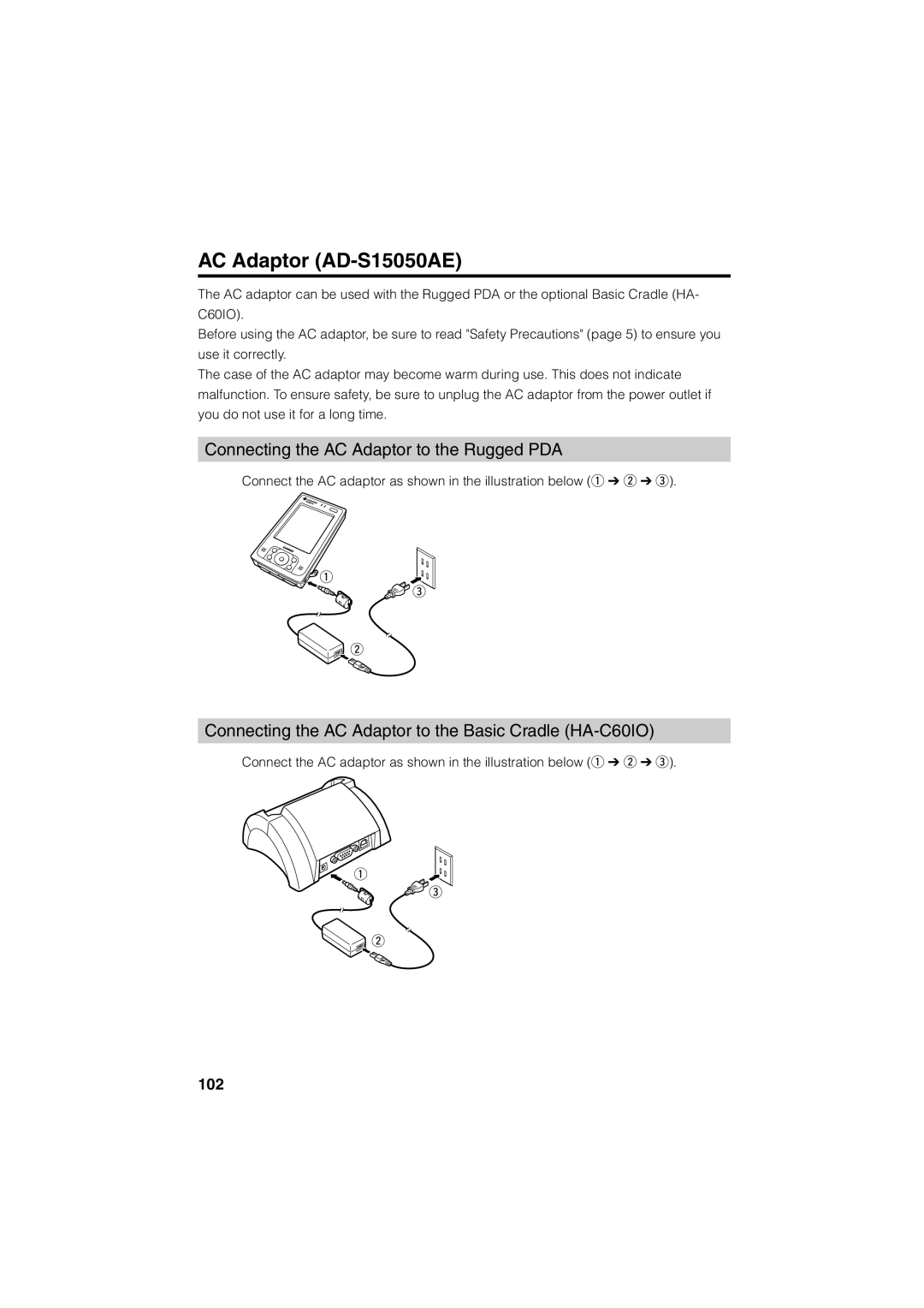 Casio Stylus manual AC Adaptor AD-S15050AE, Connecting the AC Adaptor to the Rugged PDA 