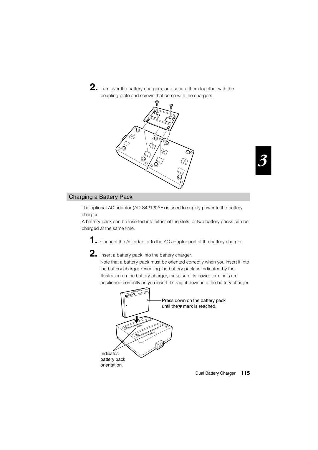 Casio Stylus manual Charging a Battery Pack 