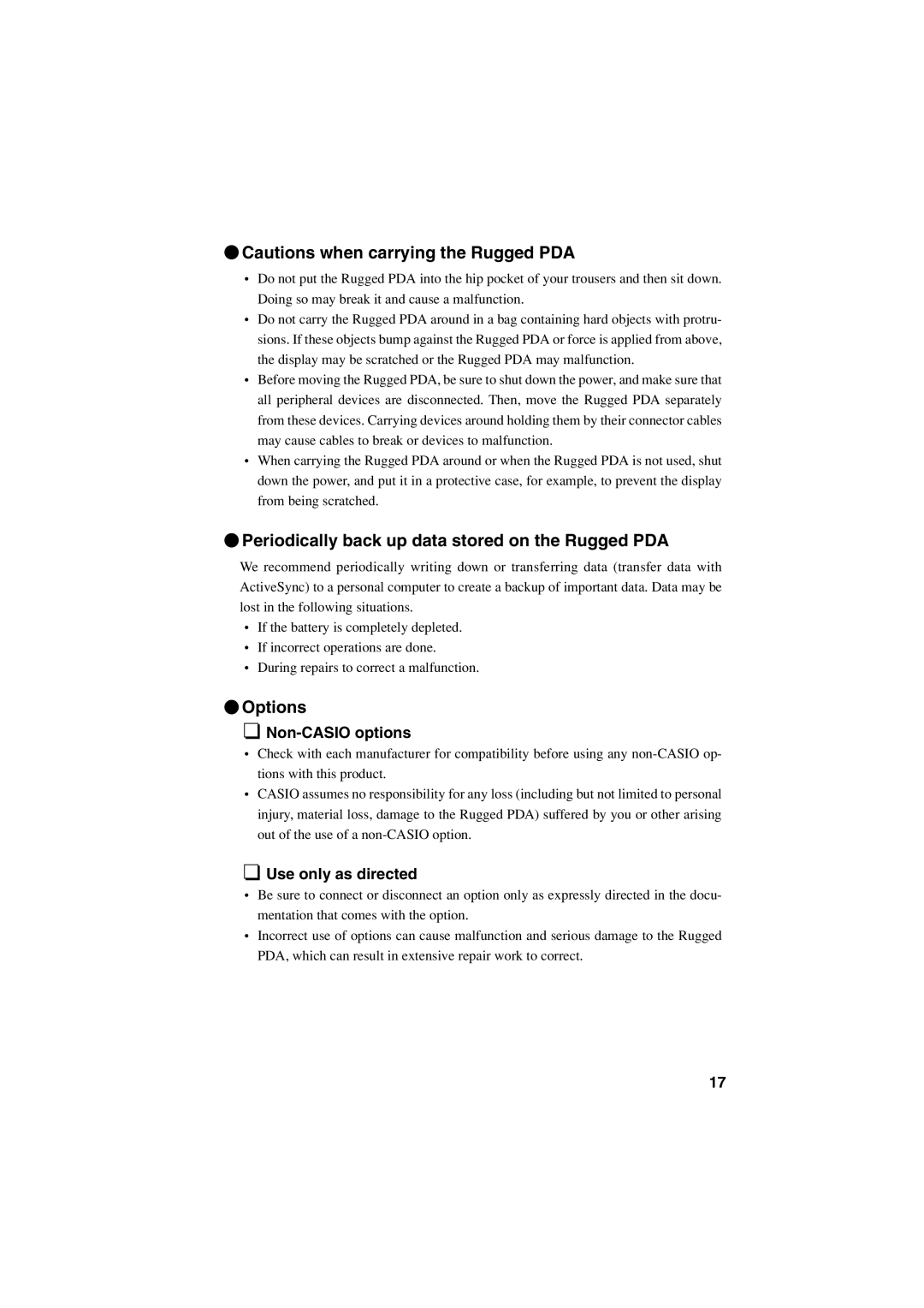 Casio Stylus manual Periodically back up data stored on the Rugged PDA 